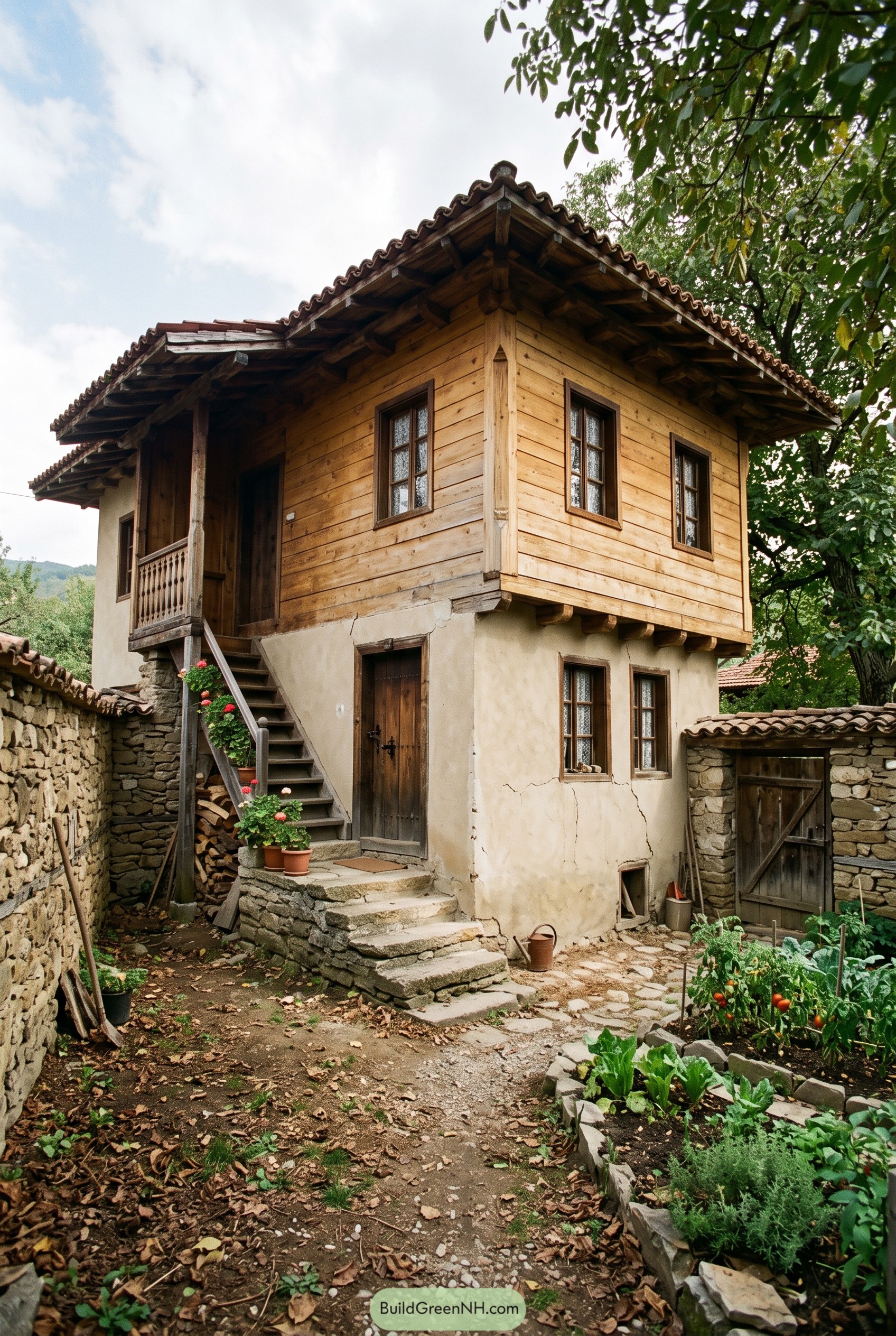 Bulgarian style house with timber upper floor and stucco base