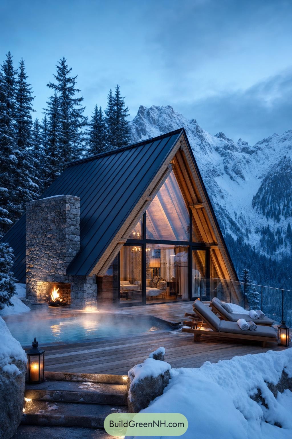 A glass fronted A frame cabin with a steaming pool in snowy mountains