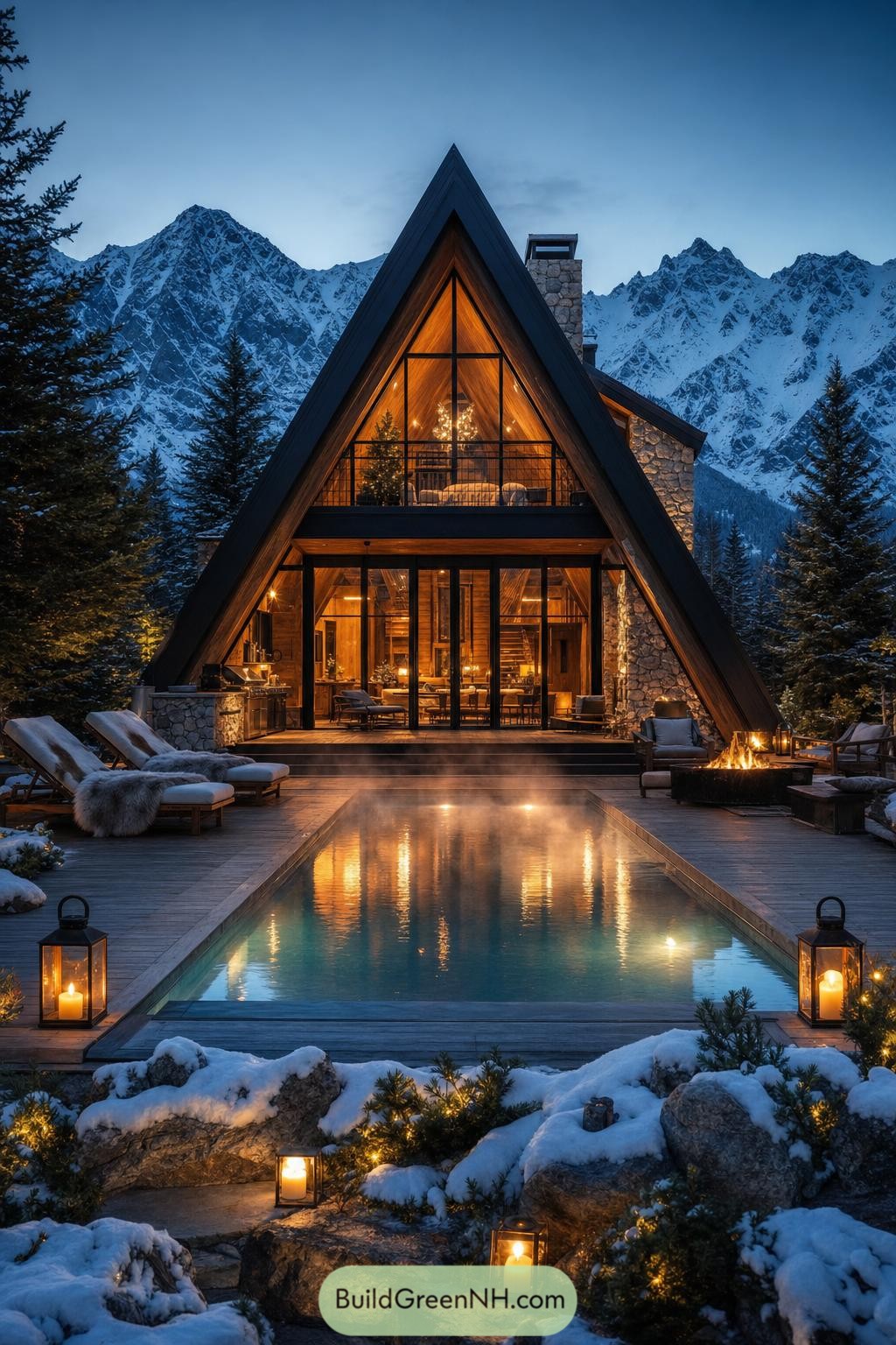 A-frame cabin with heated pool beneath snowy mountains