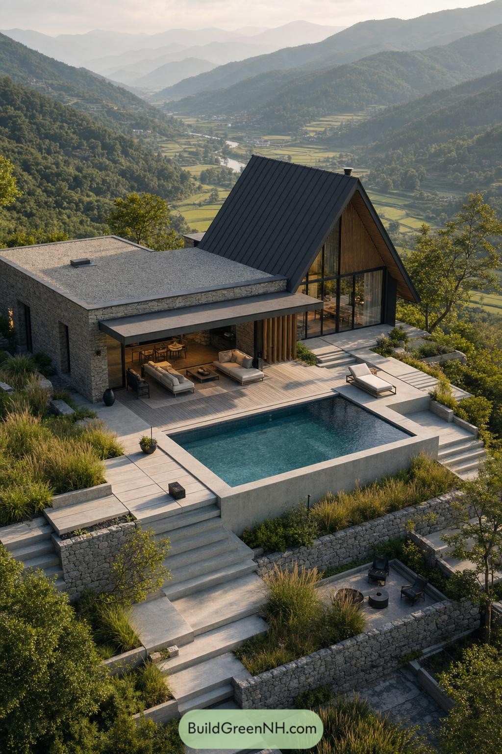 Modern A frame cabin with pool overlooking terraced valley