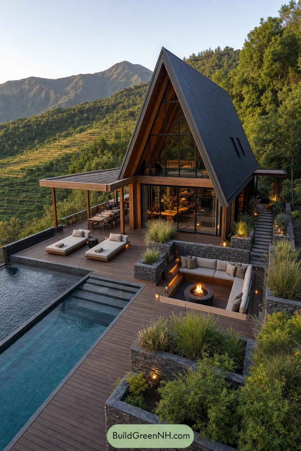 A timber A frame cabin with pool terrace and sunken fire lounge