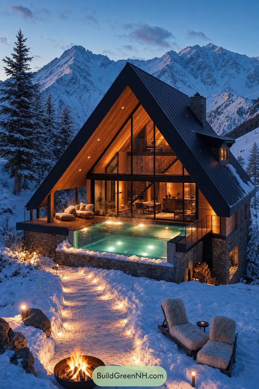 A glazed A frame cabin with a heated pool in snowy mountains