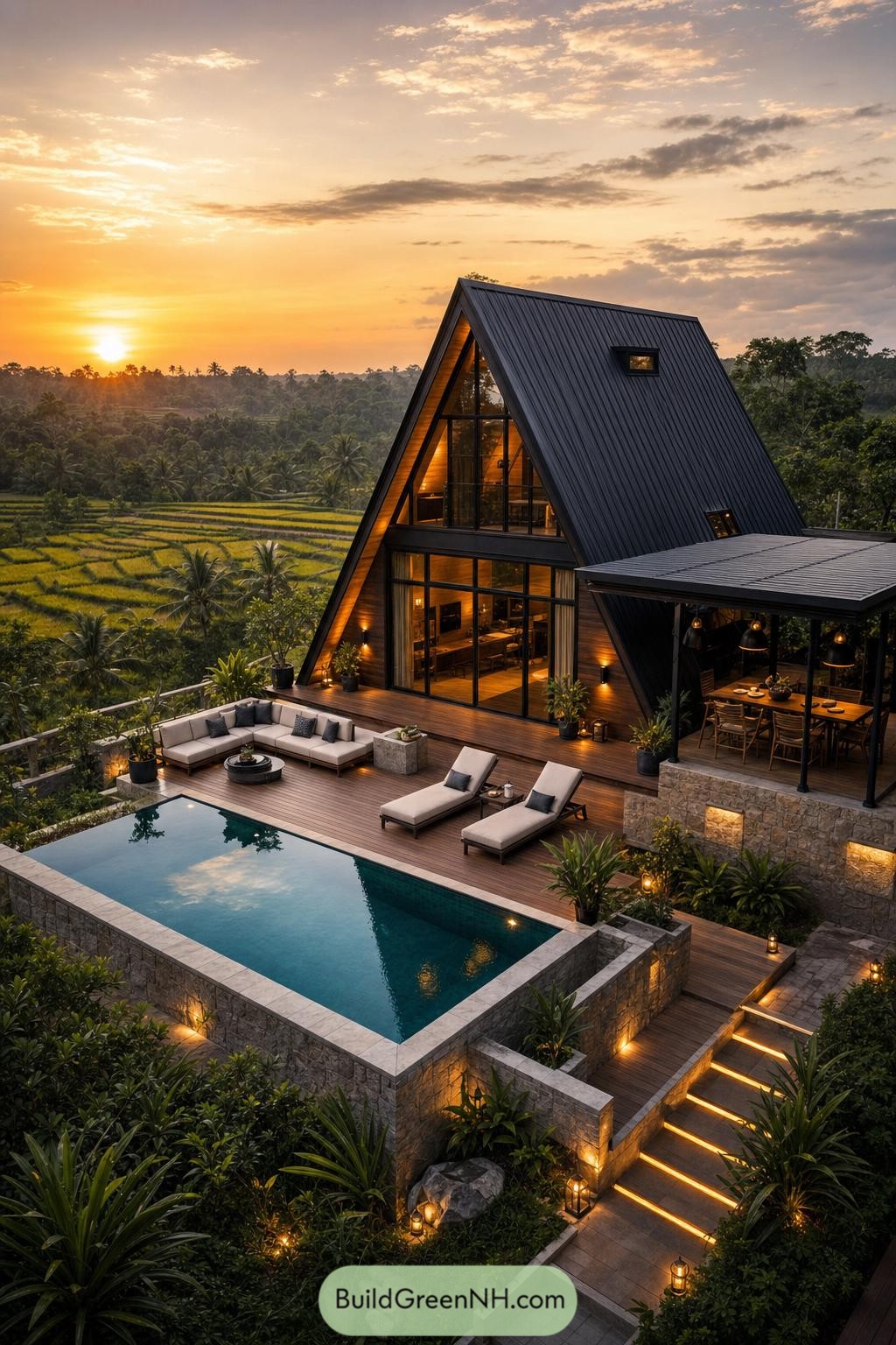 A dark A frame cabin with pool overlooking rice fields at sunset