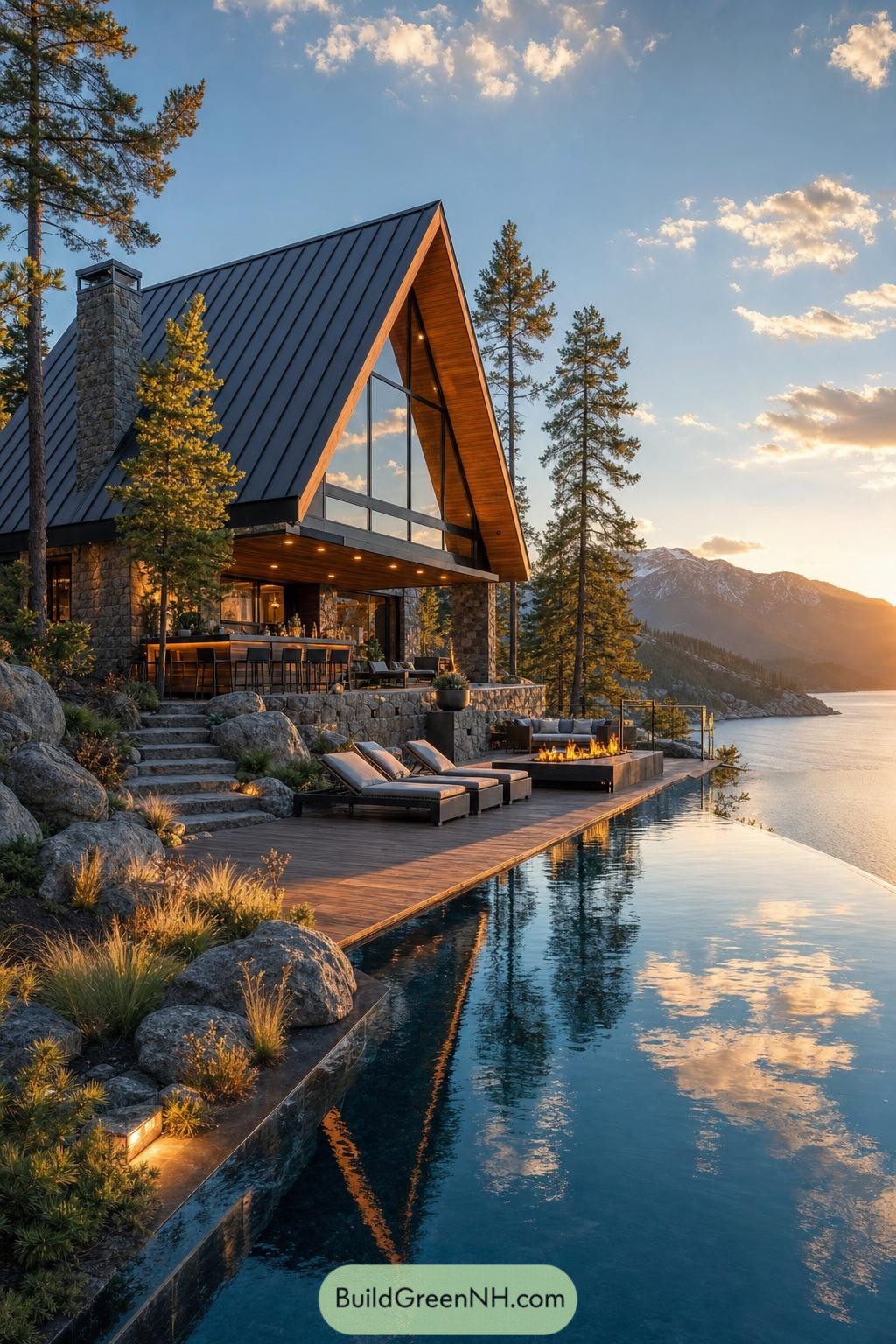 A stone and timber A frame cabin beside an infinity pool overlooking a mountain lake