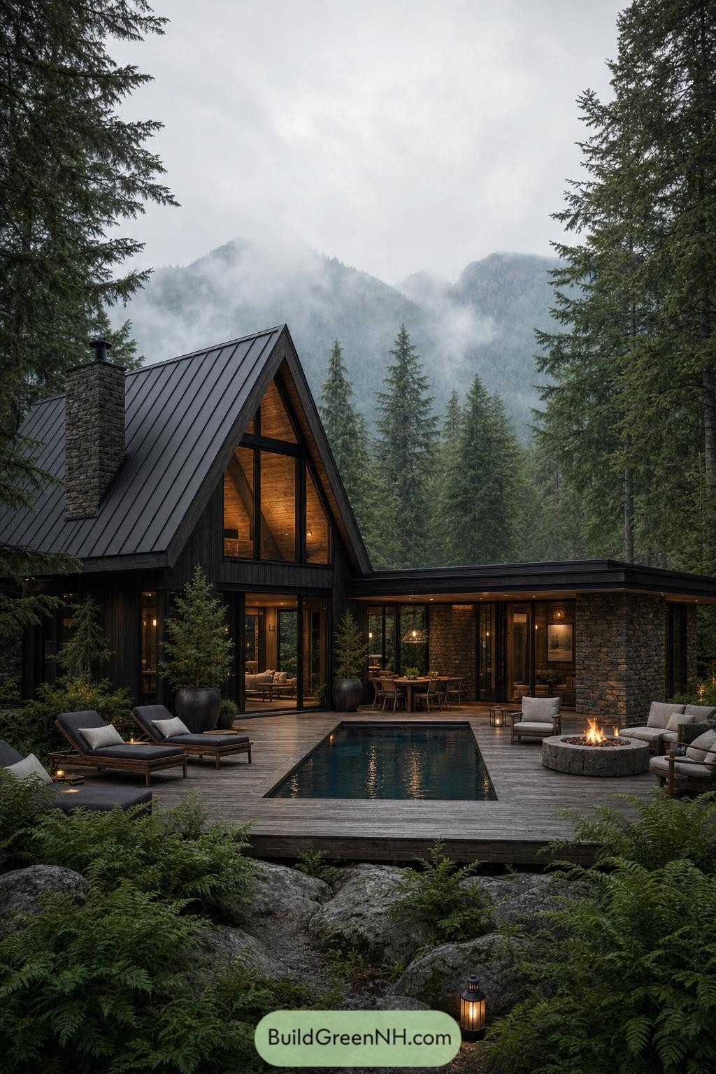 A dark timber cabin with a pool and fire pit in misty forest
