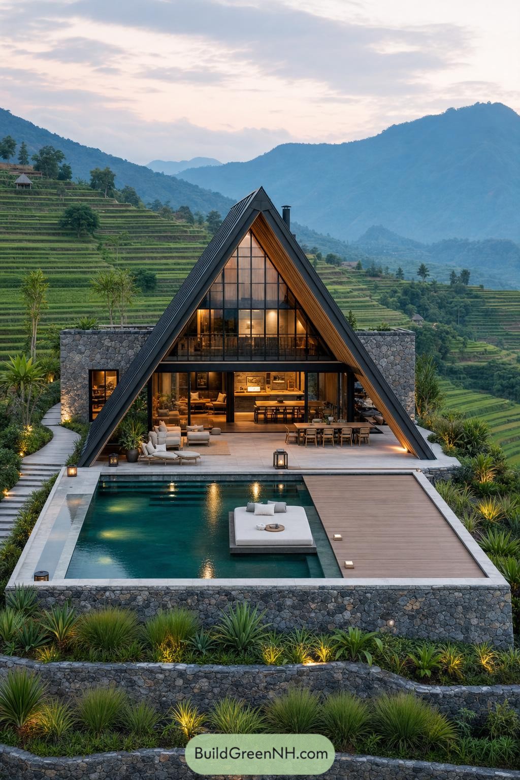 A-frame cabin with pool beside terraced hills