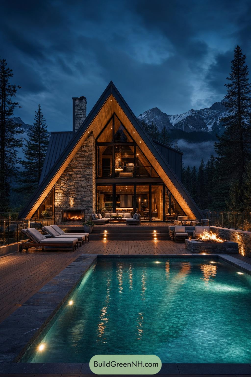 A glowing A frame cabin pairs a stone chimney with warm timber cladding beneath a steep charcoal roof. Its glass front opens the living spaces toward the mountain view, while the loft gets a front row seat too