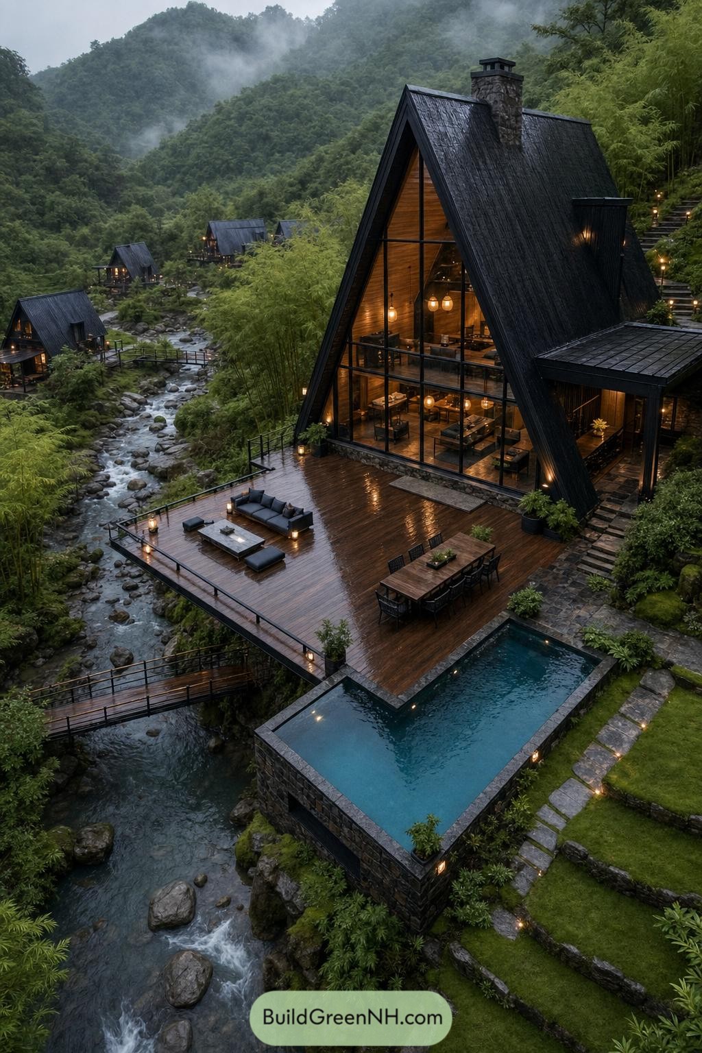 Black A frame cabin with pool beside forest creek