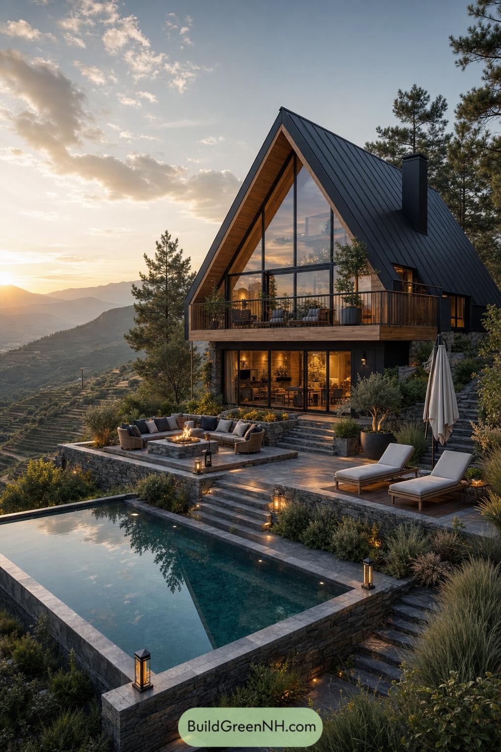Black A frame cabin with terraced pool and mountain views
