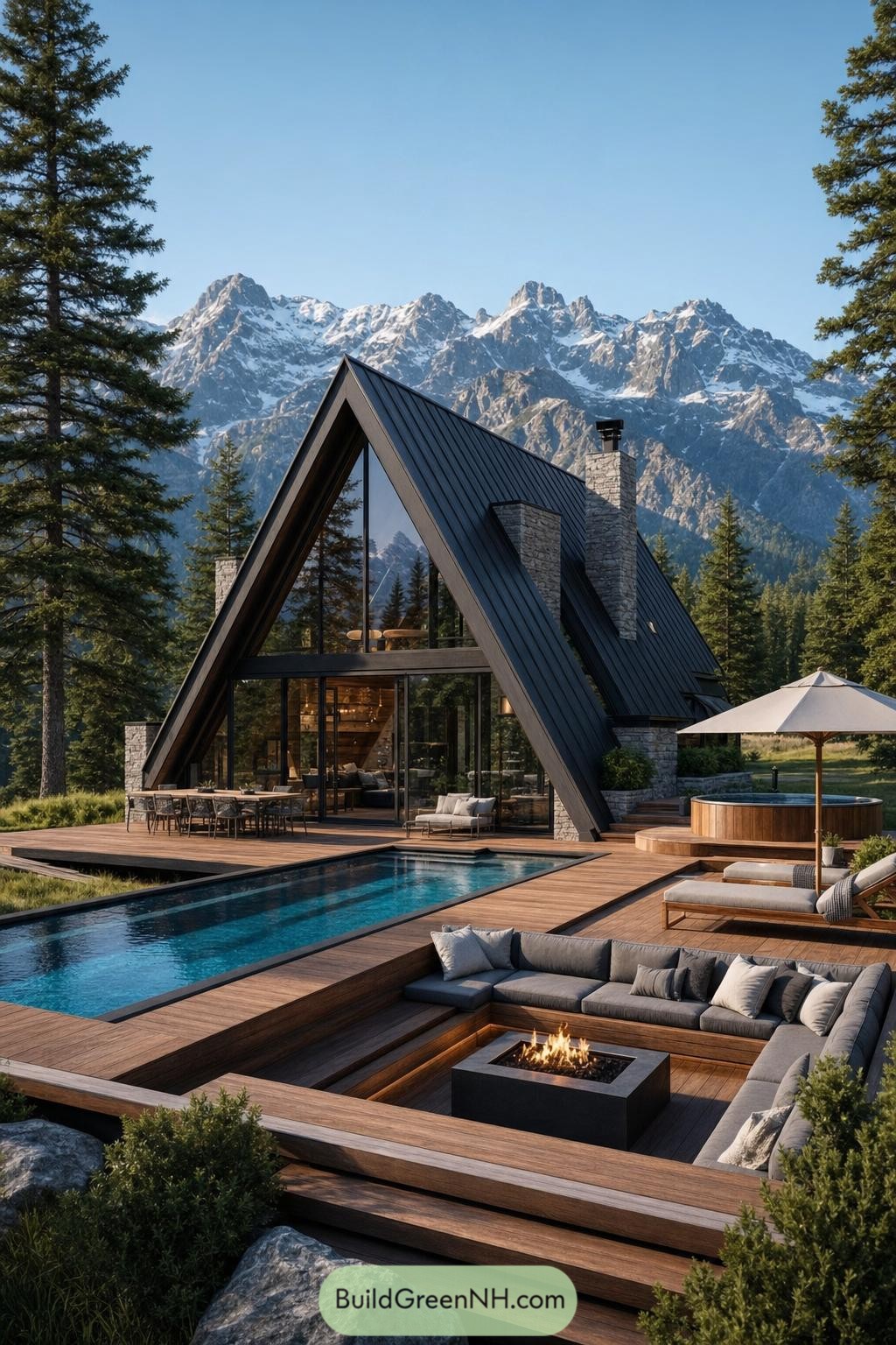 A-frame cabin with pool hot tub and mountain views