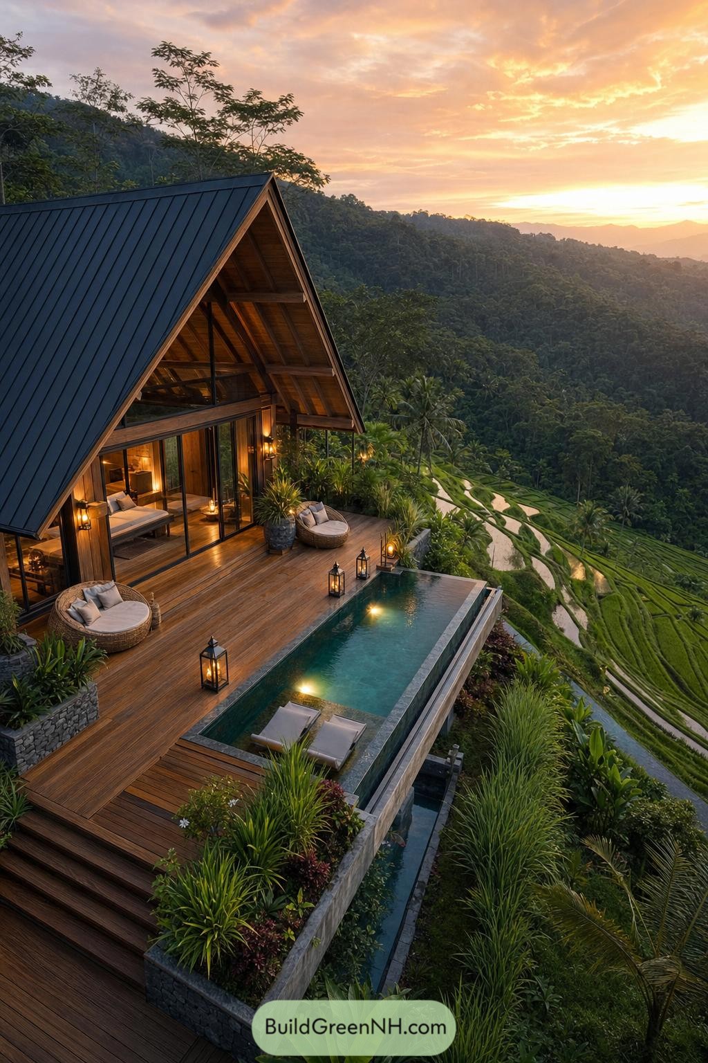 A timber A frame cabin with an infinity pool overlooking rice terraces