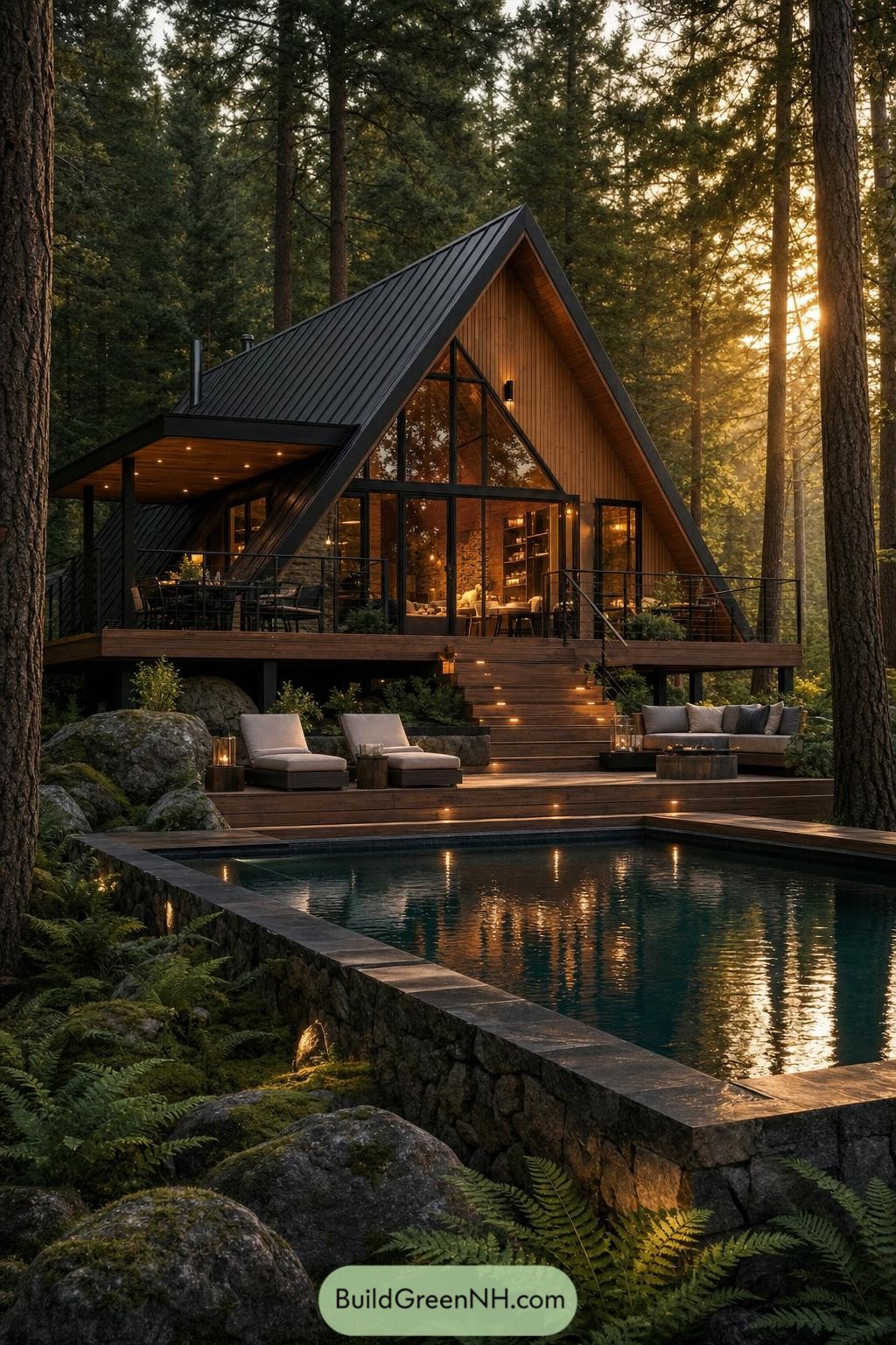 A glass fronted A frame cabin with deck and forest pool