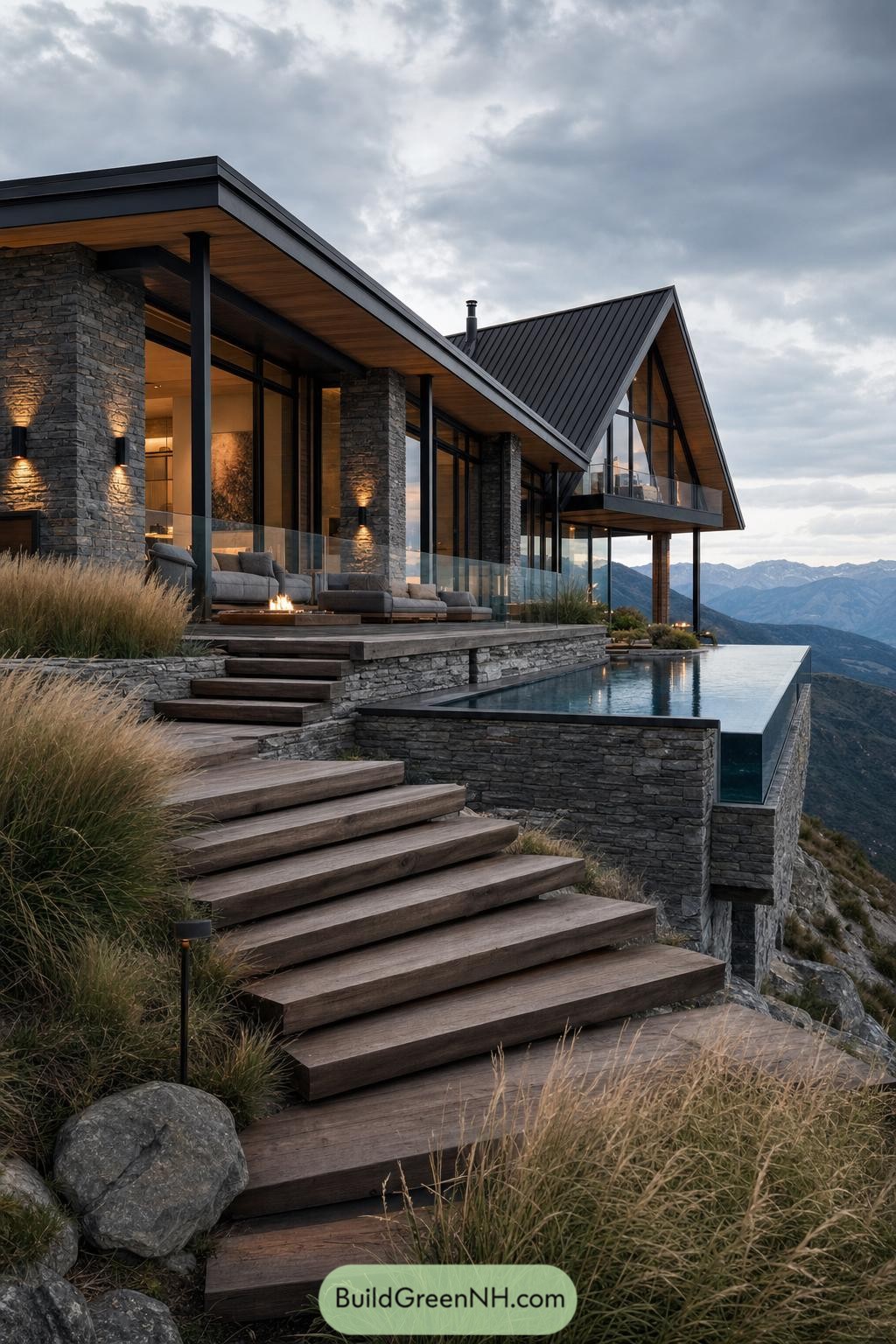 Stone and glass mountain cabin with infinity pool