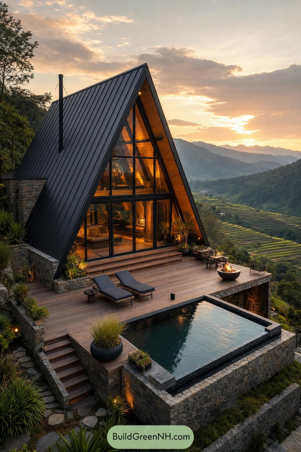 A-frame cabin with infinity pool overlooking terraced hills