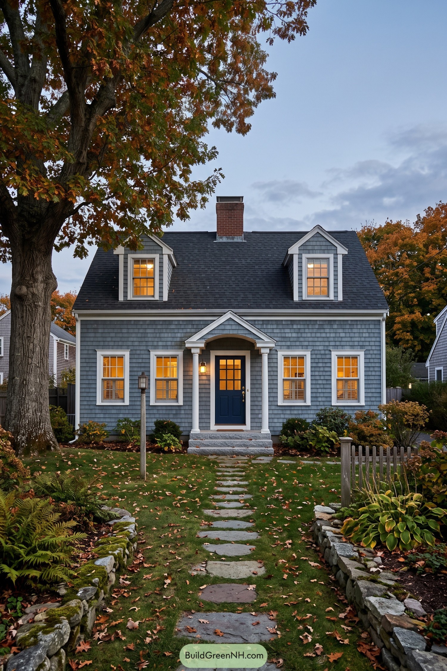 Slate blue shingle Cape with white trim dormers and a columned entry porch