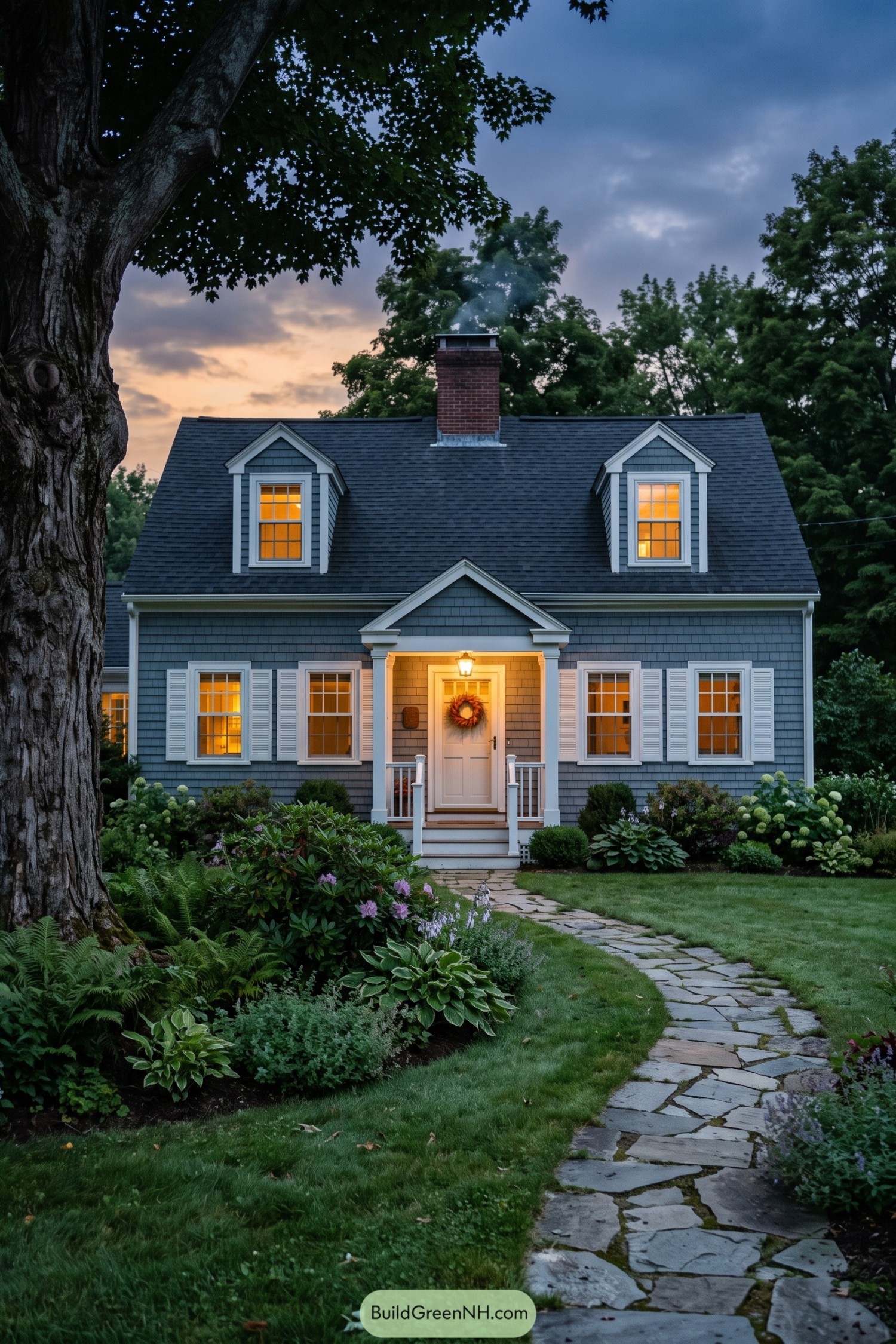 Gray shingle Cape Cod home with glowing windows and a stone path
