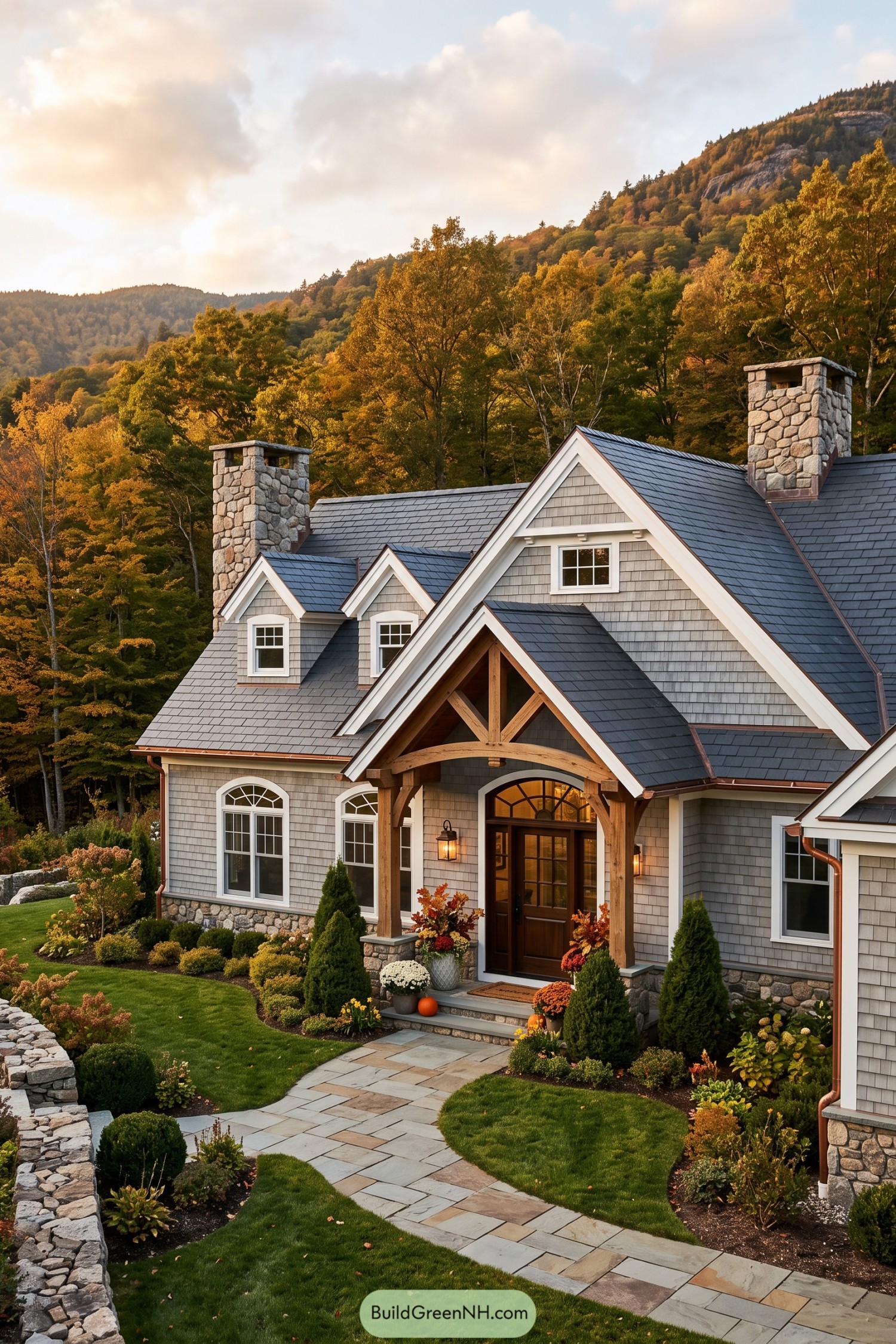Gray shingle Cape with timber porch and stone chimneys