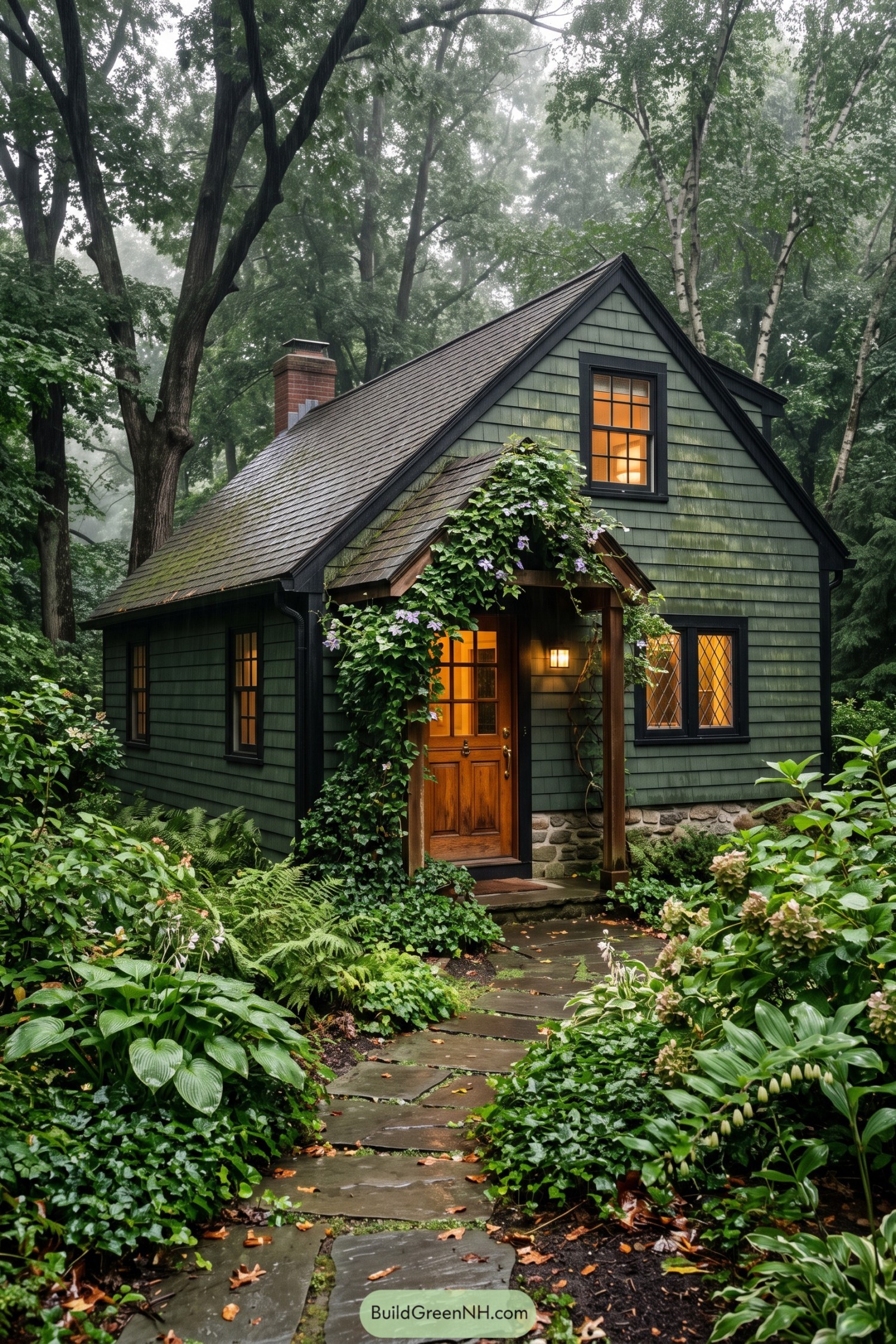 Deep green shingles and black trim give this Cape a tucked-away woodland character