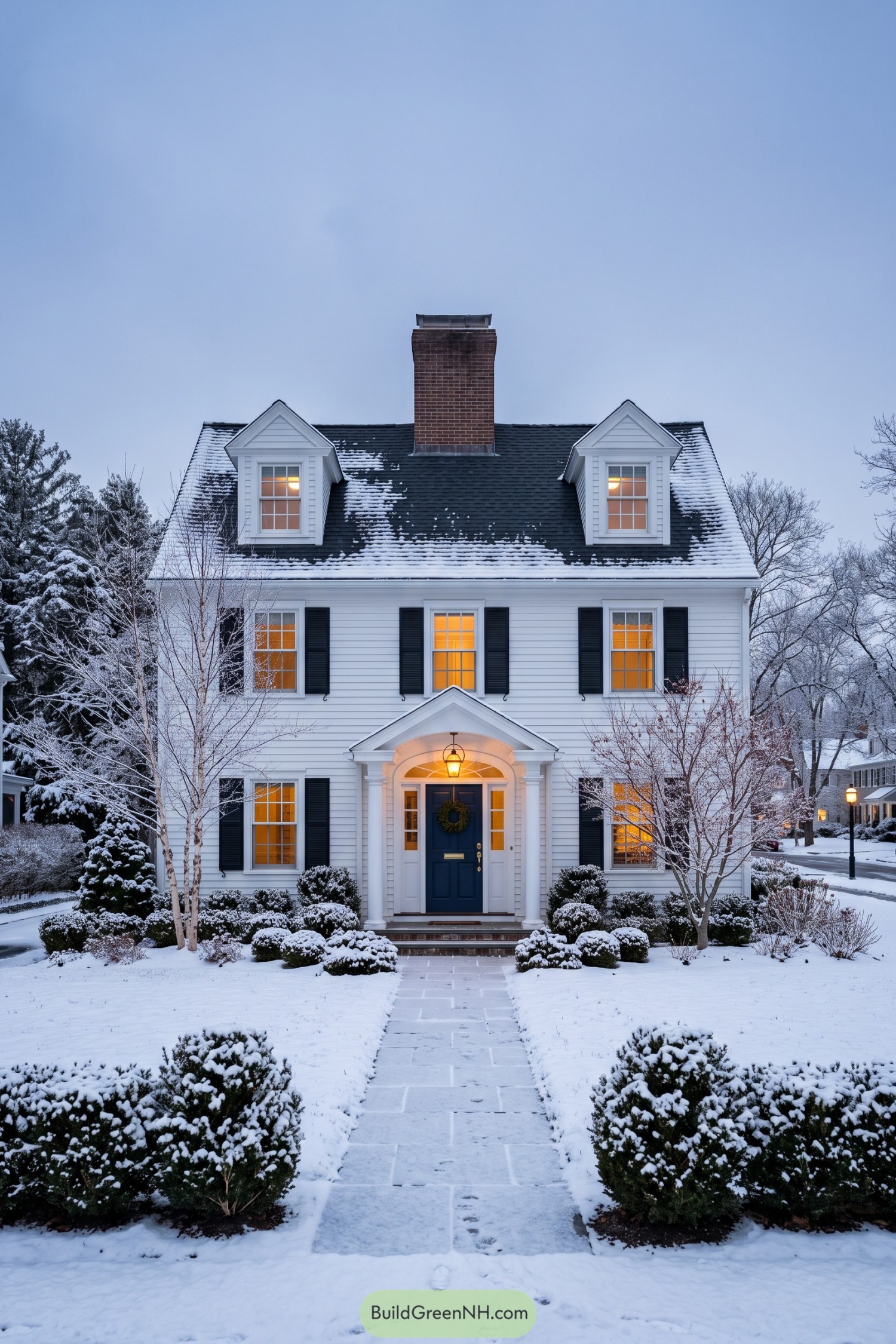 White Cape Cod home with navy door and snowy roof