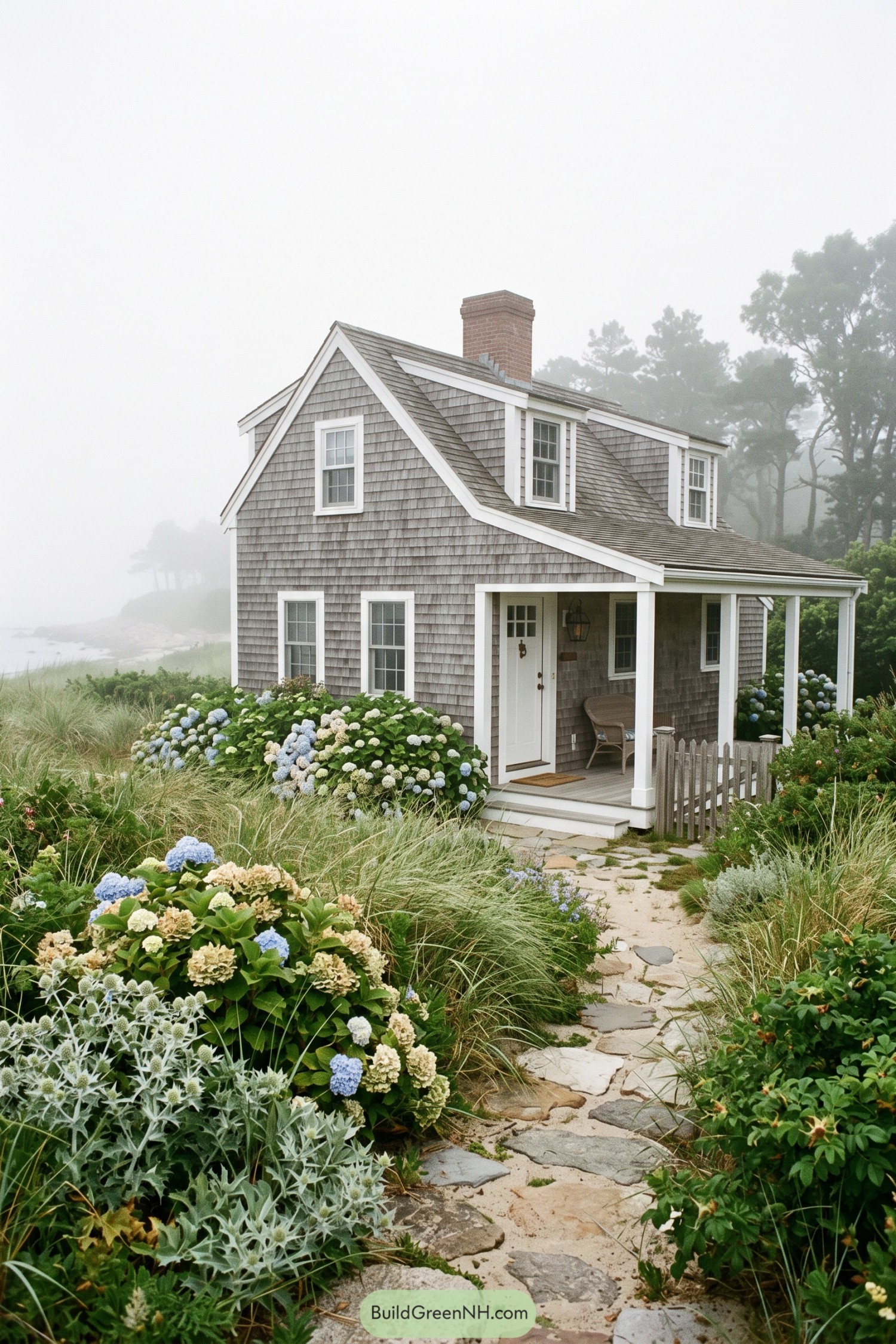 Gray shingle Cape Cod cottage with hydrangeas and a covered porch