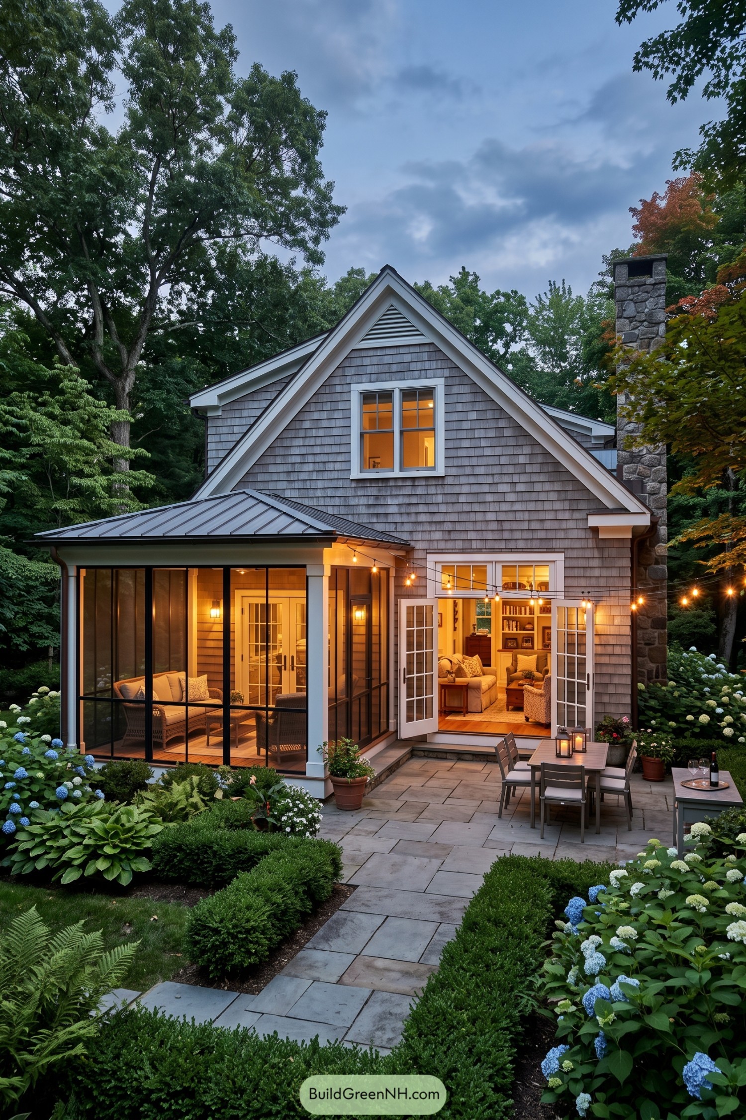 Gray shingle Cape Cod home with a screened porch and stone chimney