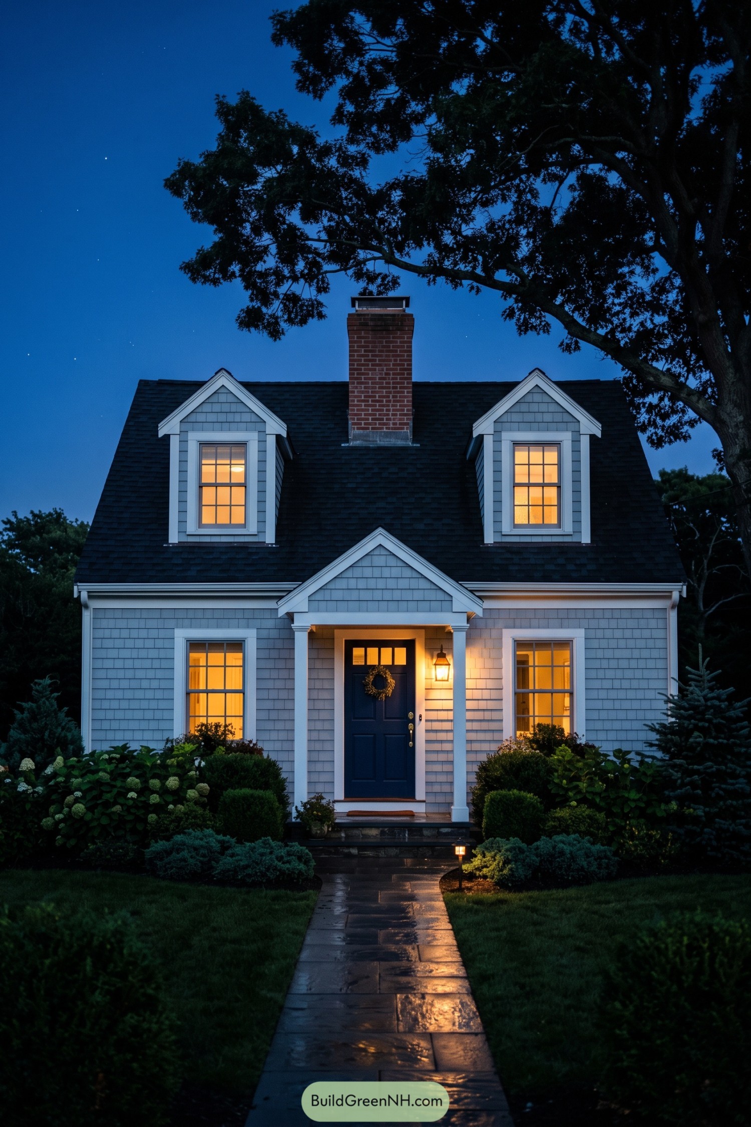 Gray shingle Cape Cod home with glowing windows at dusk