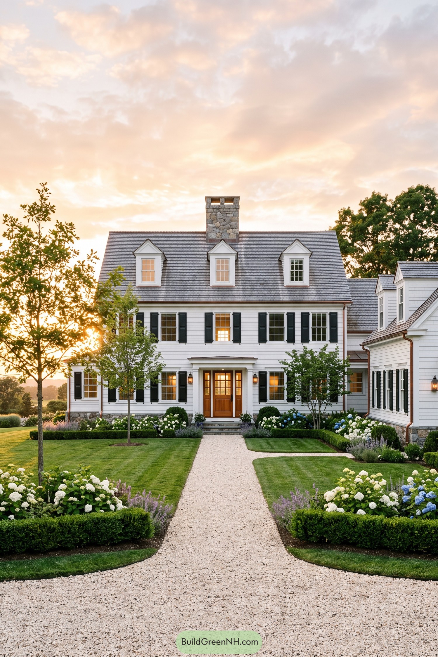 White Cape Cod home with black shutters stone chimney and hydrangea garden