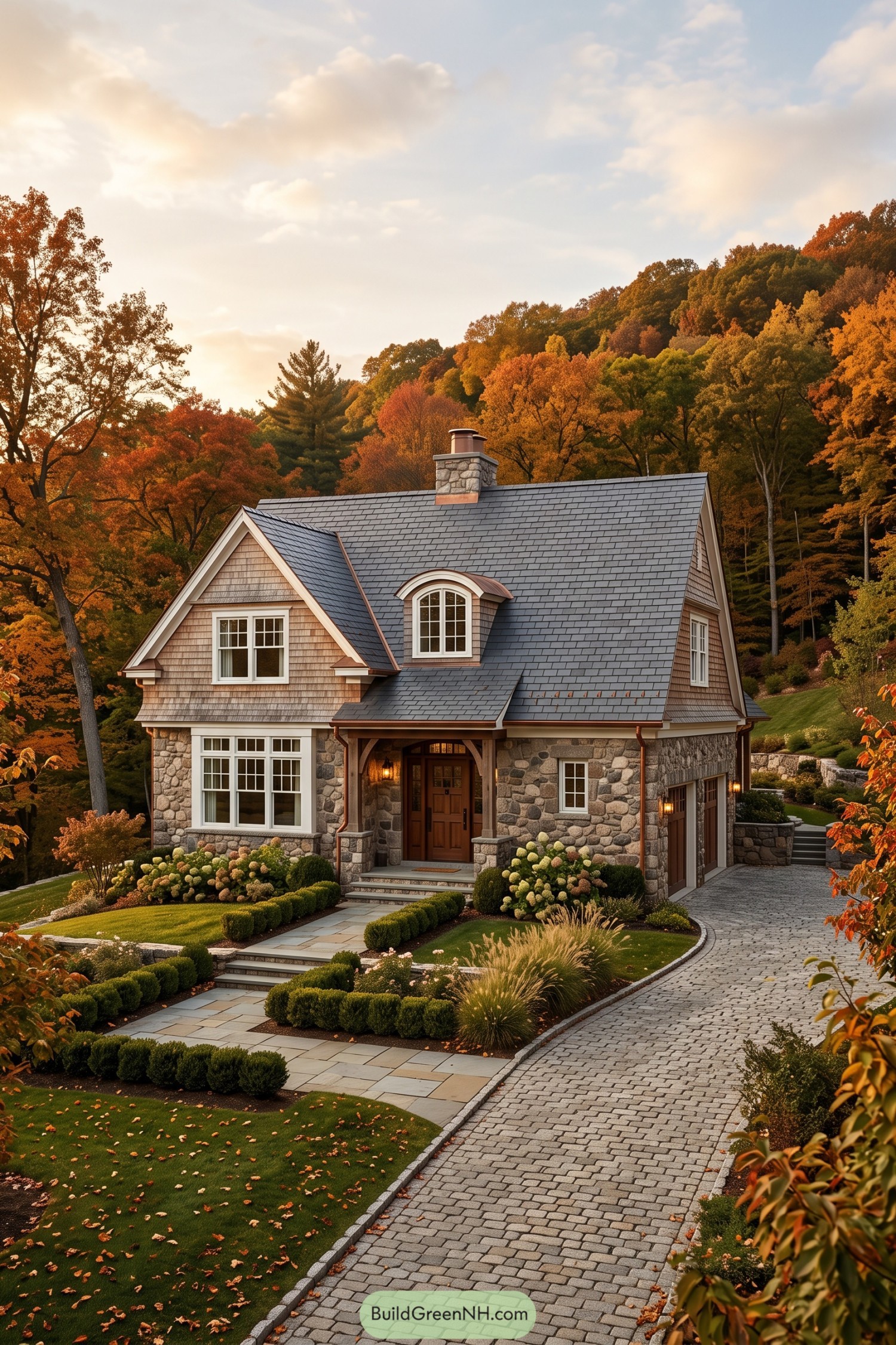 Cape Cod home with stone walls copper accents and arched dormer