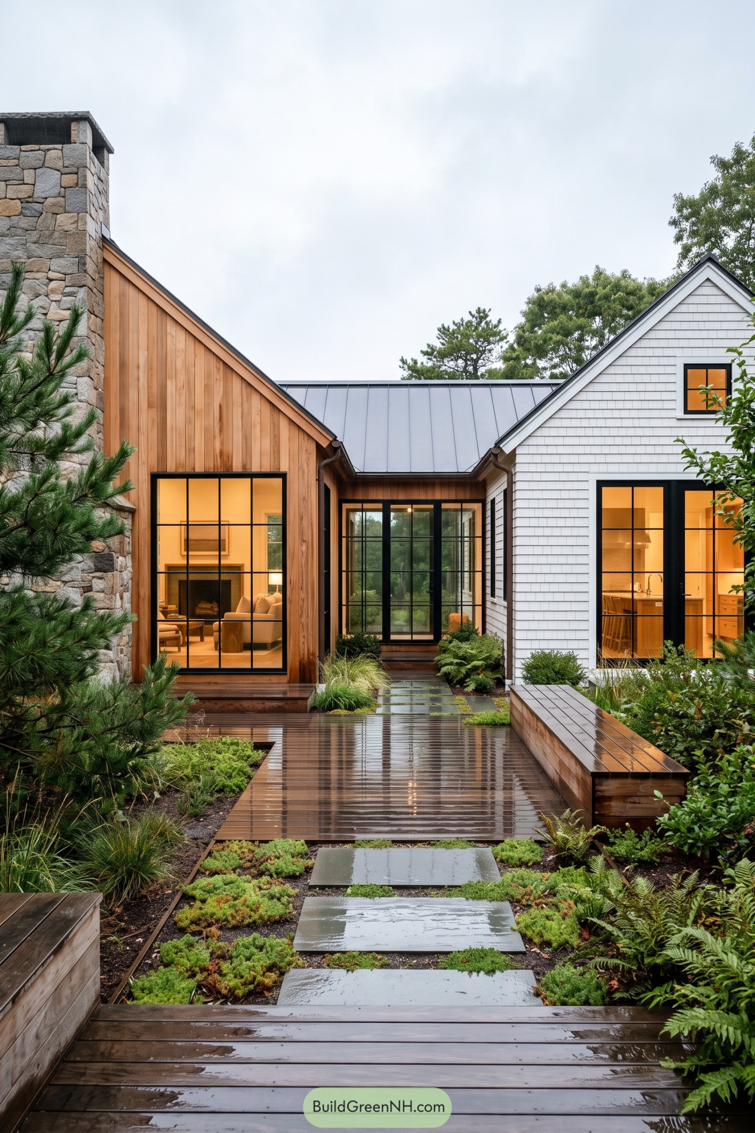 Modern Cape Cod home with cedar siding stone chimney and lush courtyard garden