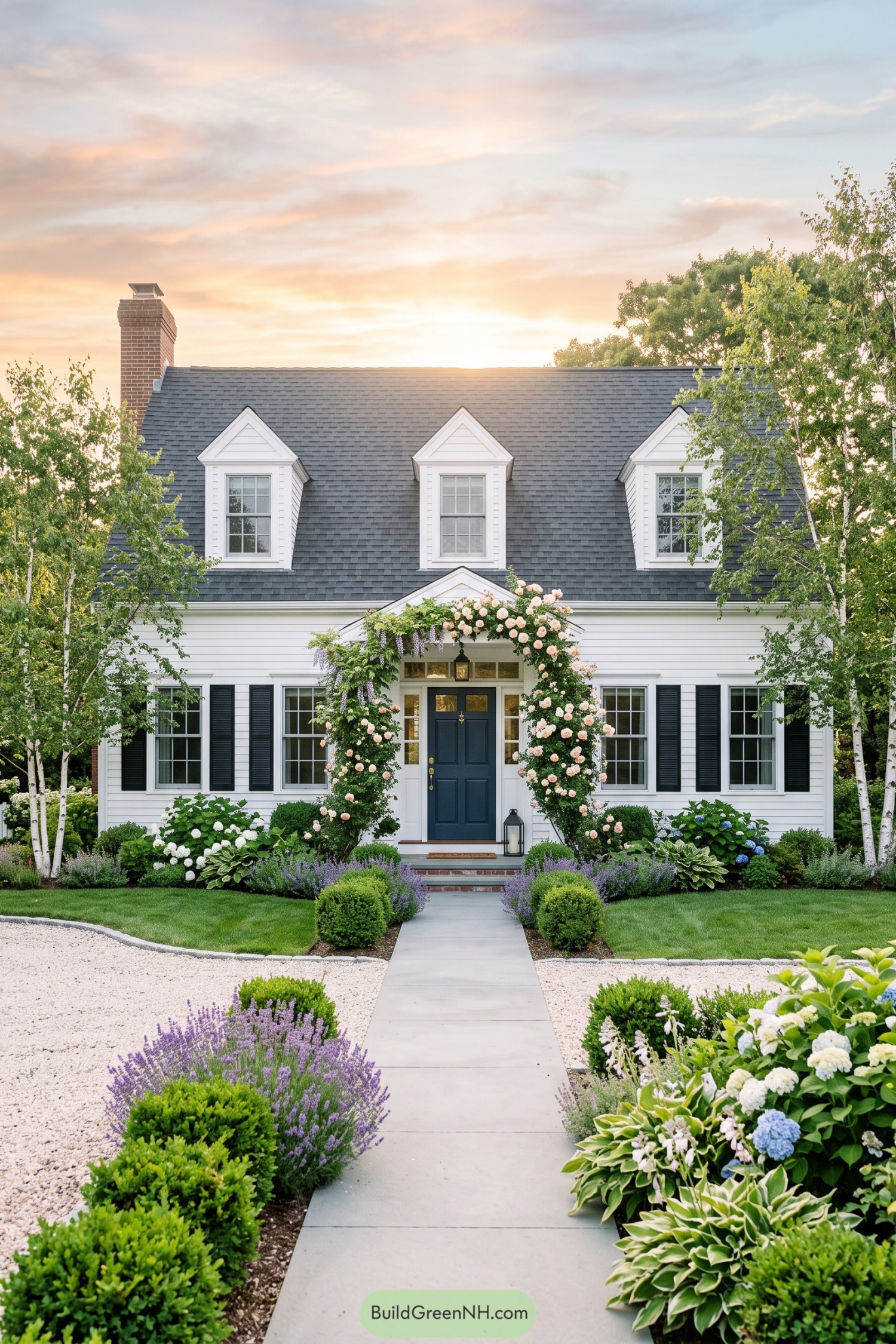 White Cape Cod home with dormers and a rose-covered entry