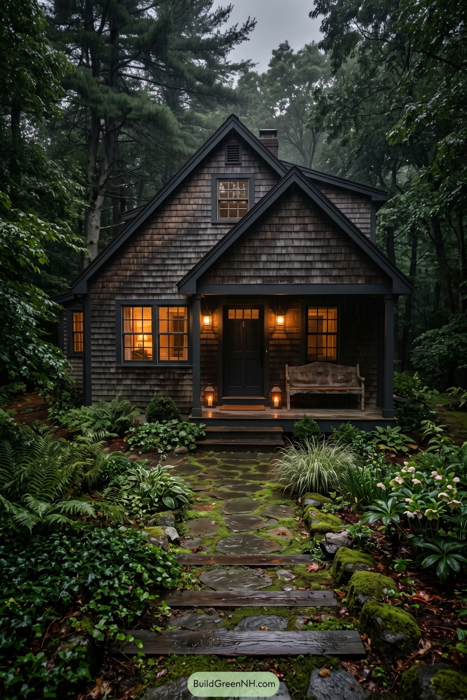 Dark shingle Cape with gabled porch in a wooded garden