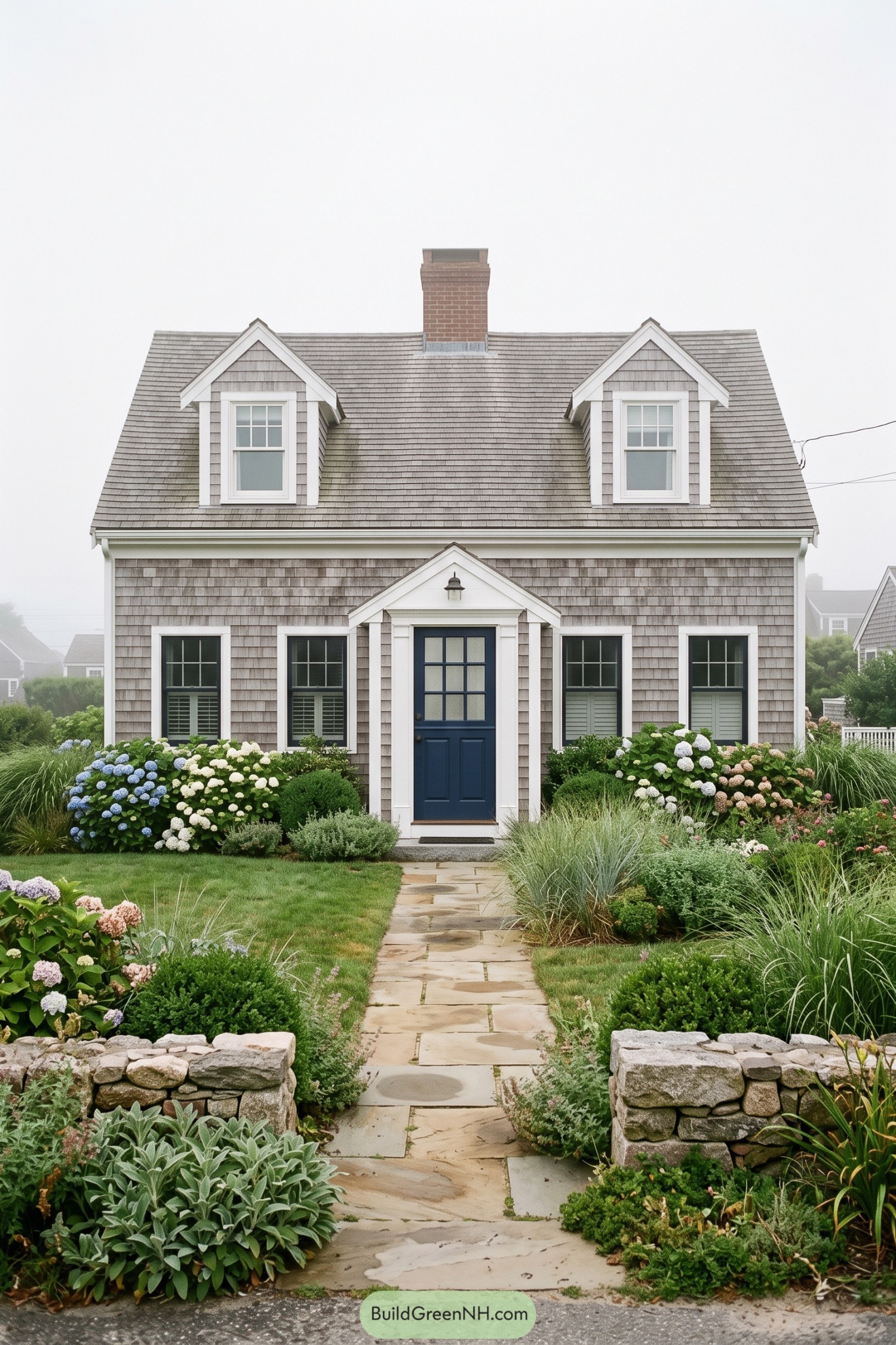 Gray shingle Cape Cod with blue door and hydrangeas