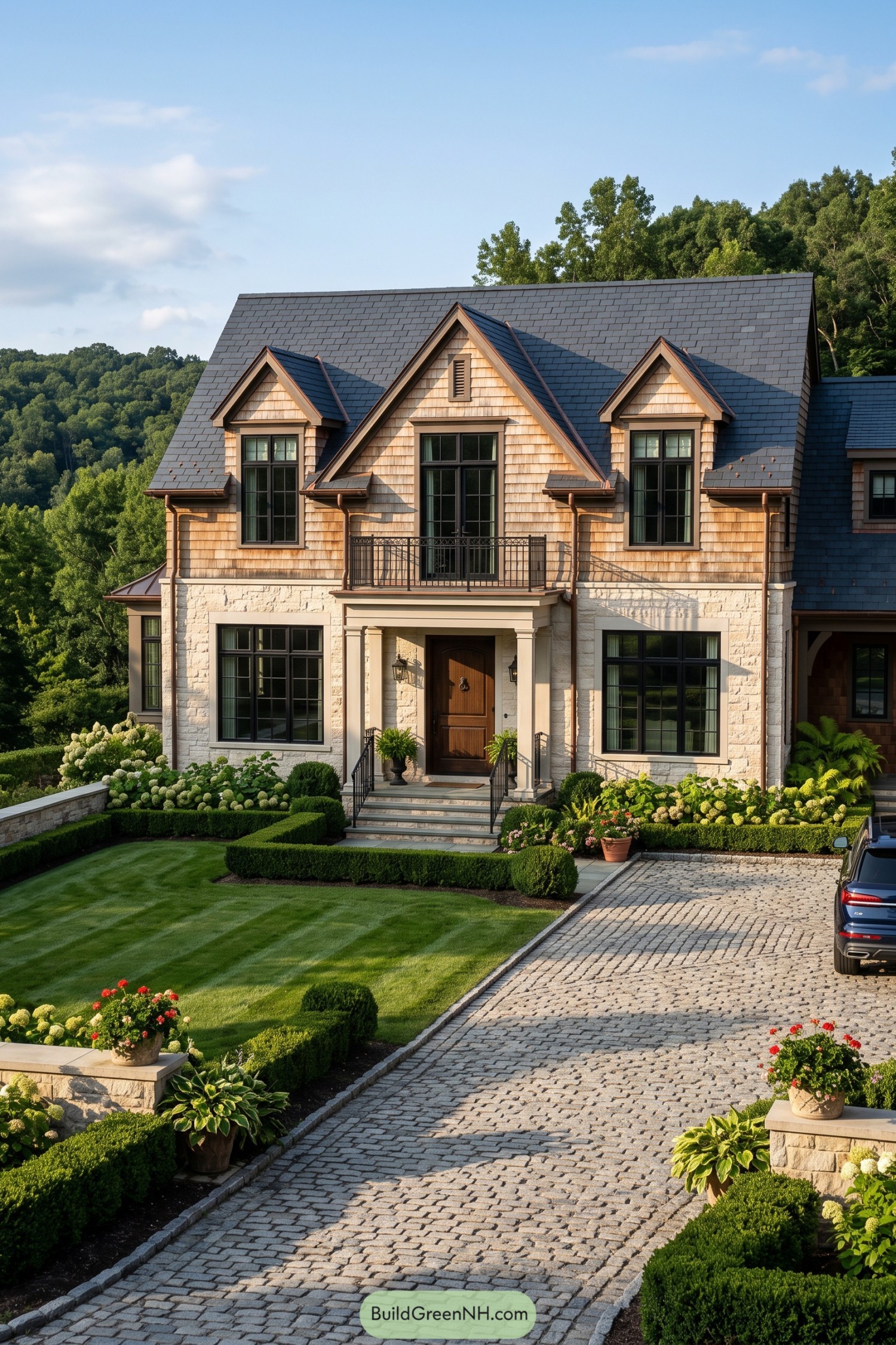 Shingle Cape home with stone facade and triple gables