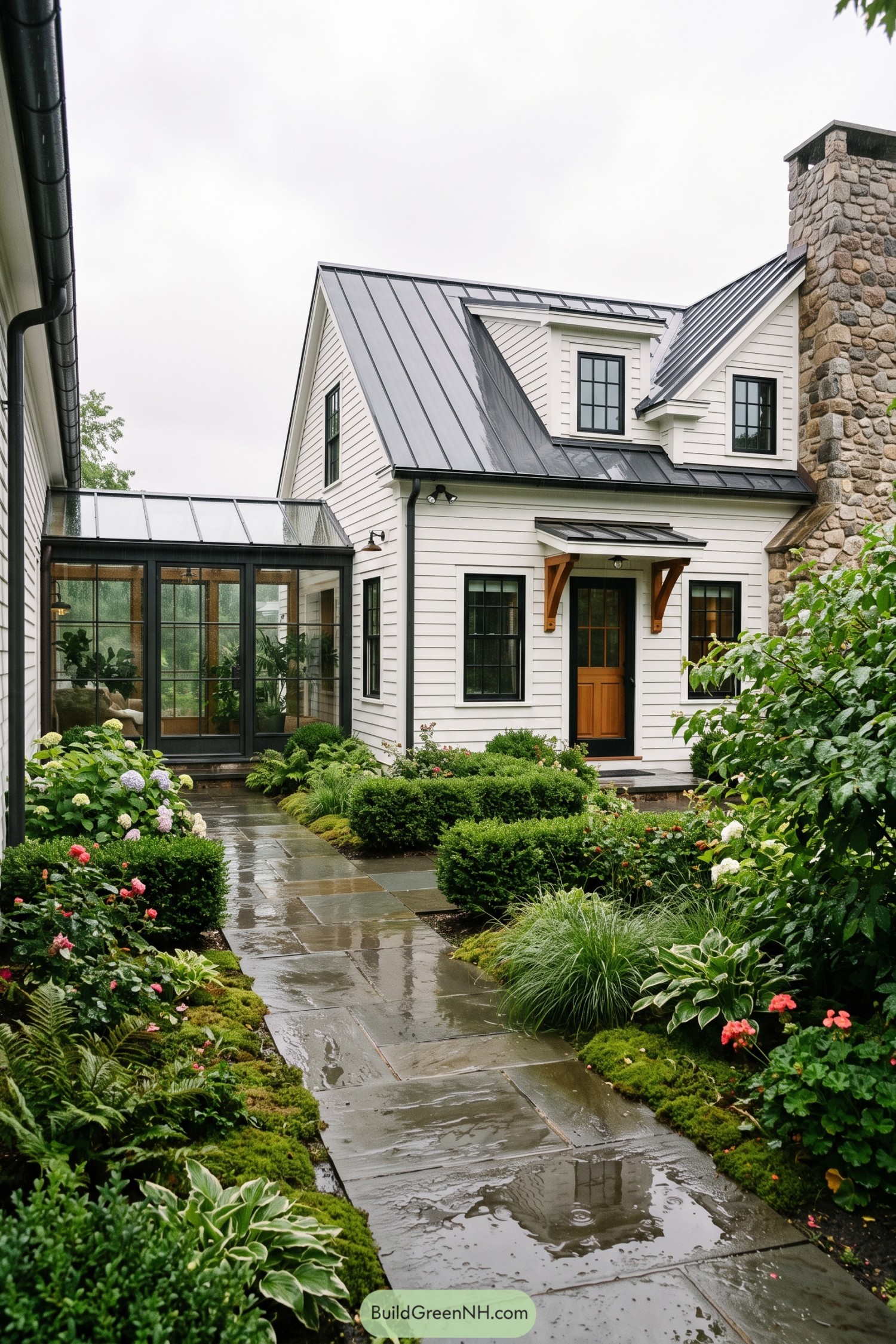 White Cape Cod home with black metal roof and stone chimney