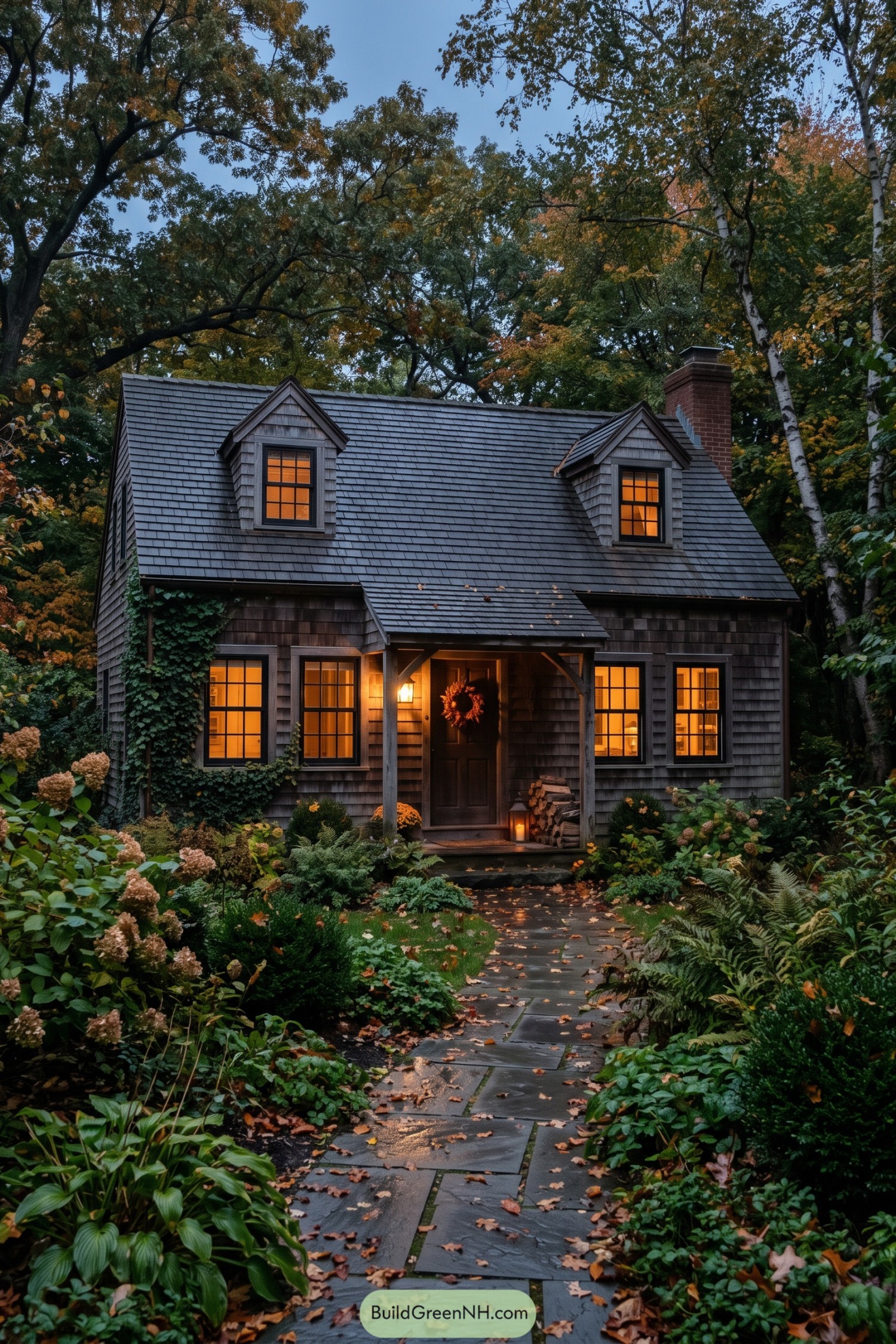 Gray shingle Cape Cod home with dormers and a covered entry