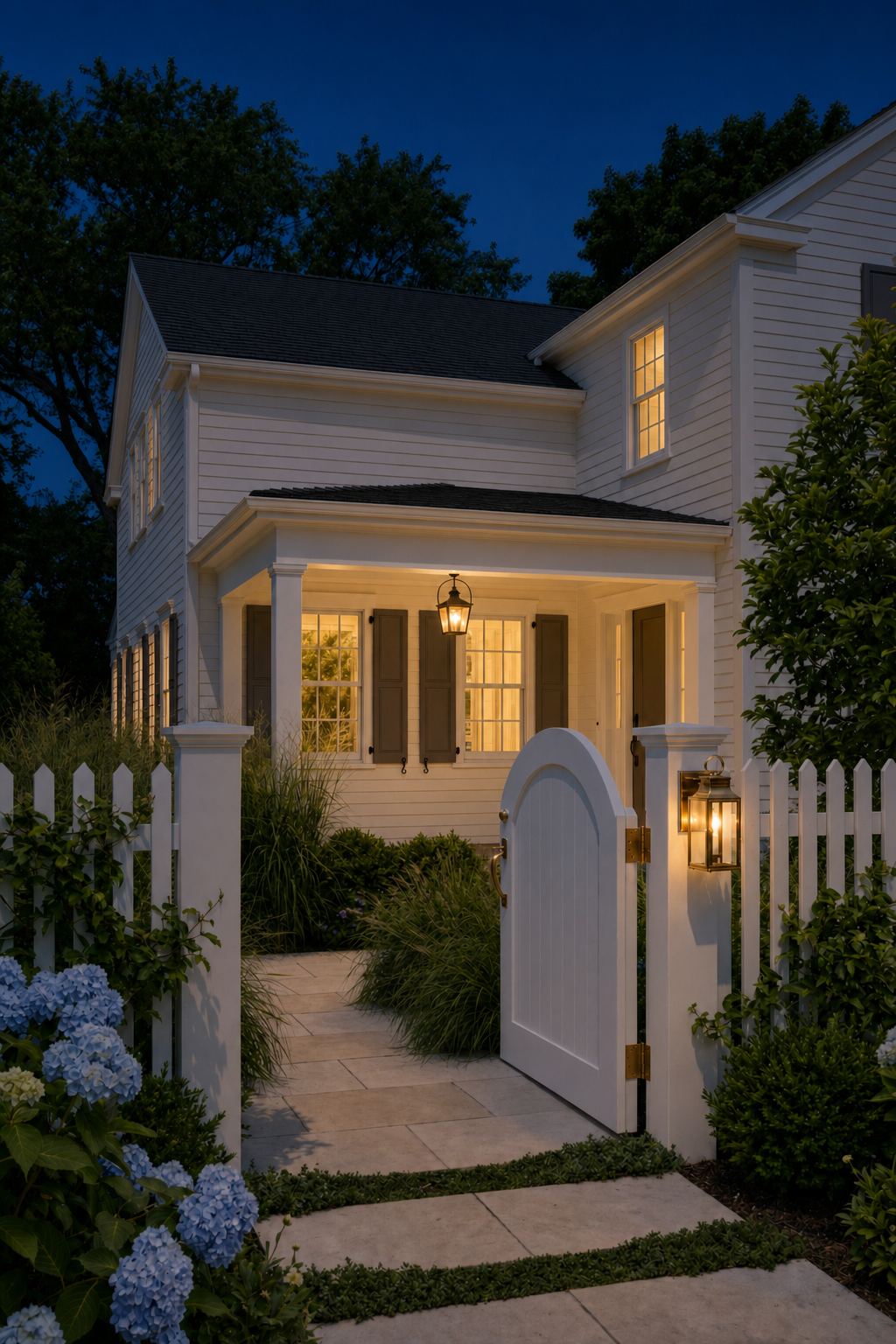 Classic Coastal White Exterior Color Scheme: Classic Coastal White - Nighttime