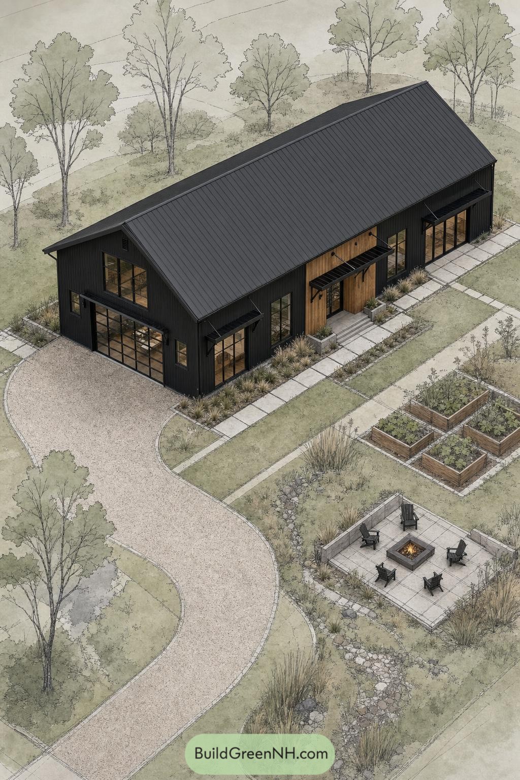 Black gable barndominium with gardens and fire pit
