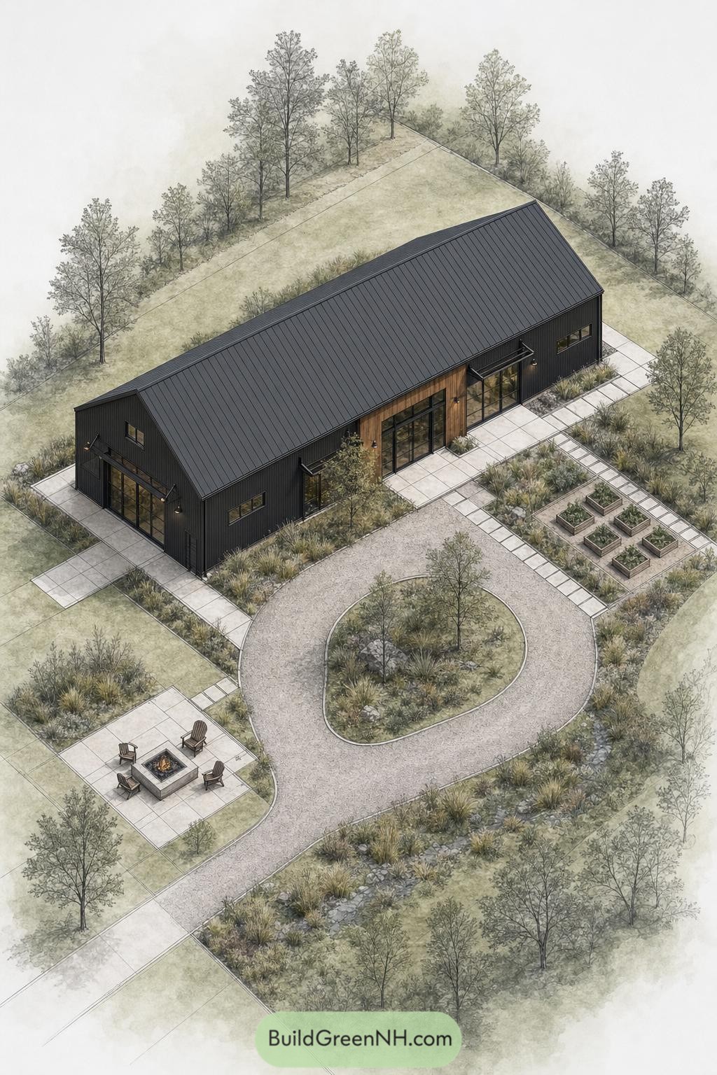 Black gabled barndominium with circular drive and fire patio
