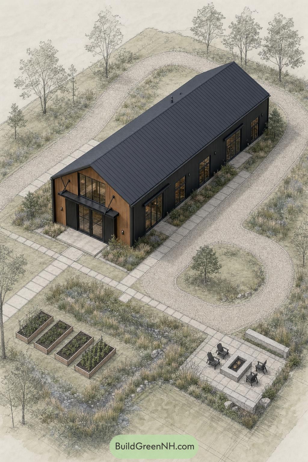 Black metal barndominium with cedar entry and looping driveway