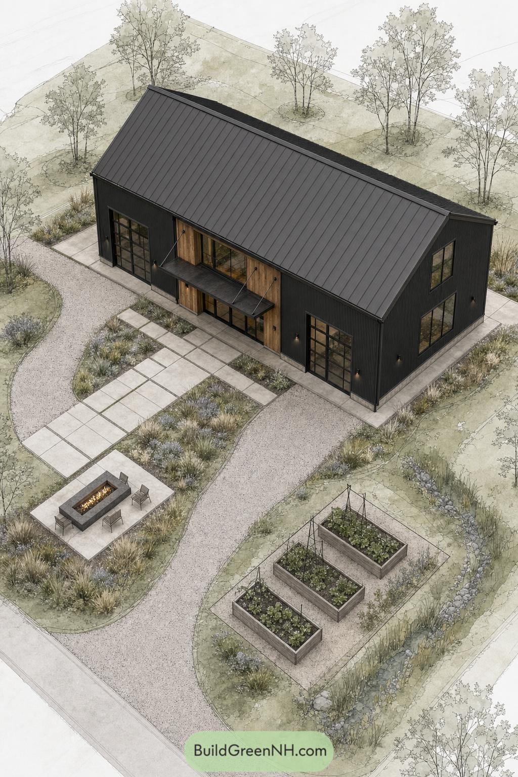 Black gabled barndominium with garden beds and fire patio