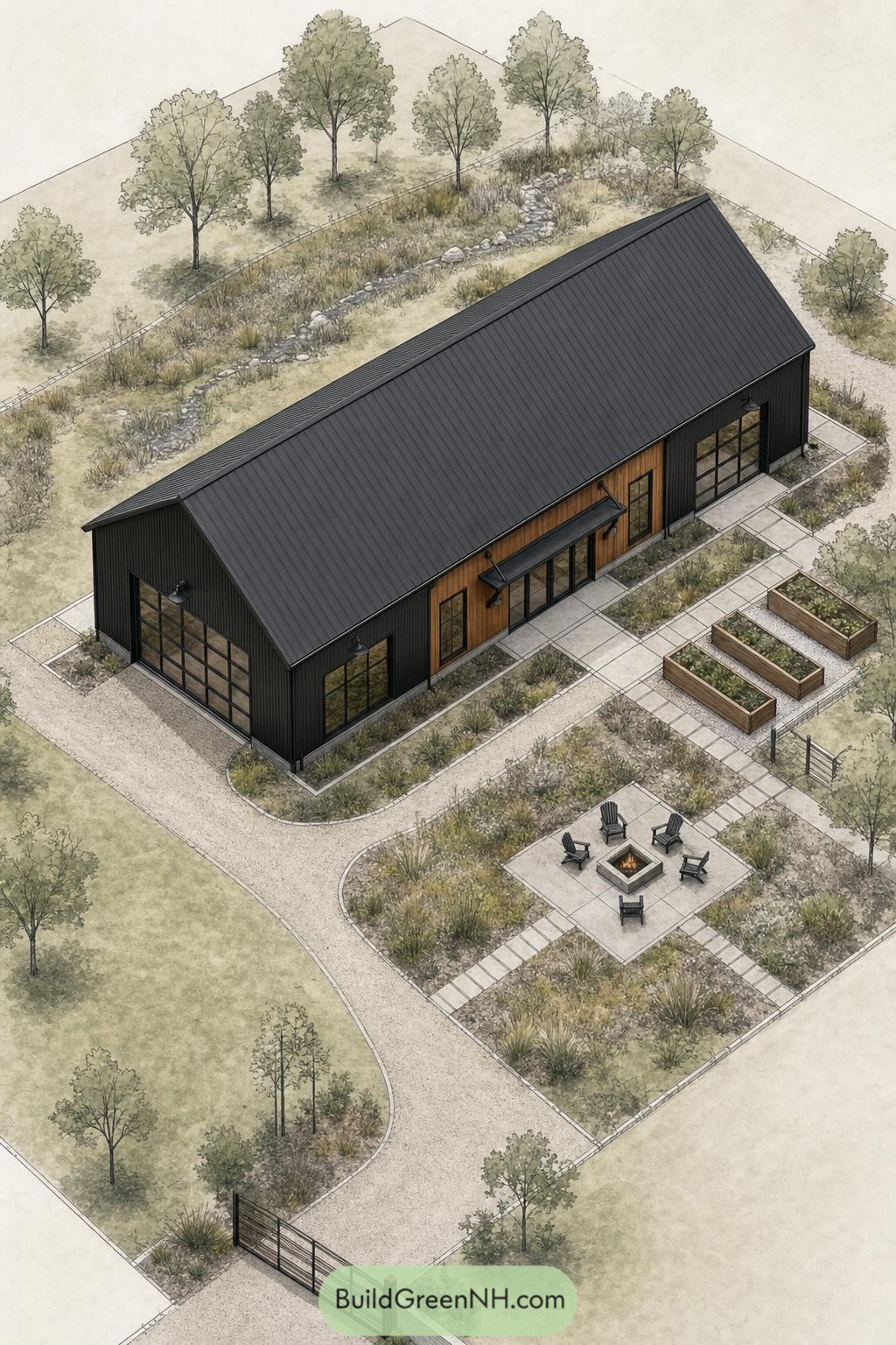Black gabled barndominium with garden beds and fire patio
