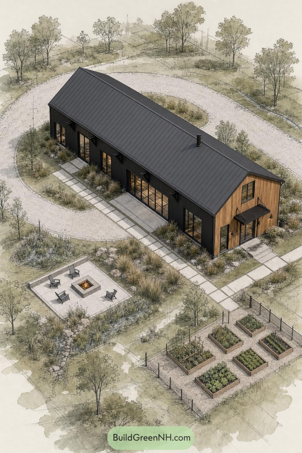 Black gable barndominium with cedar end wall garden beds and fire patio