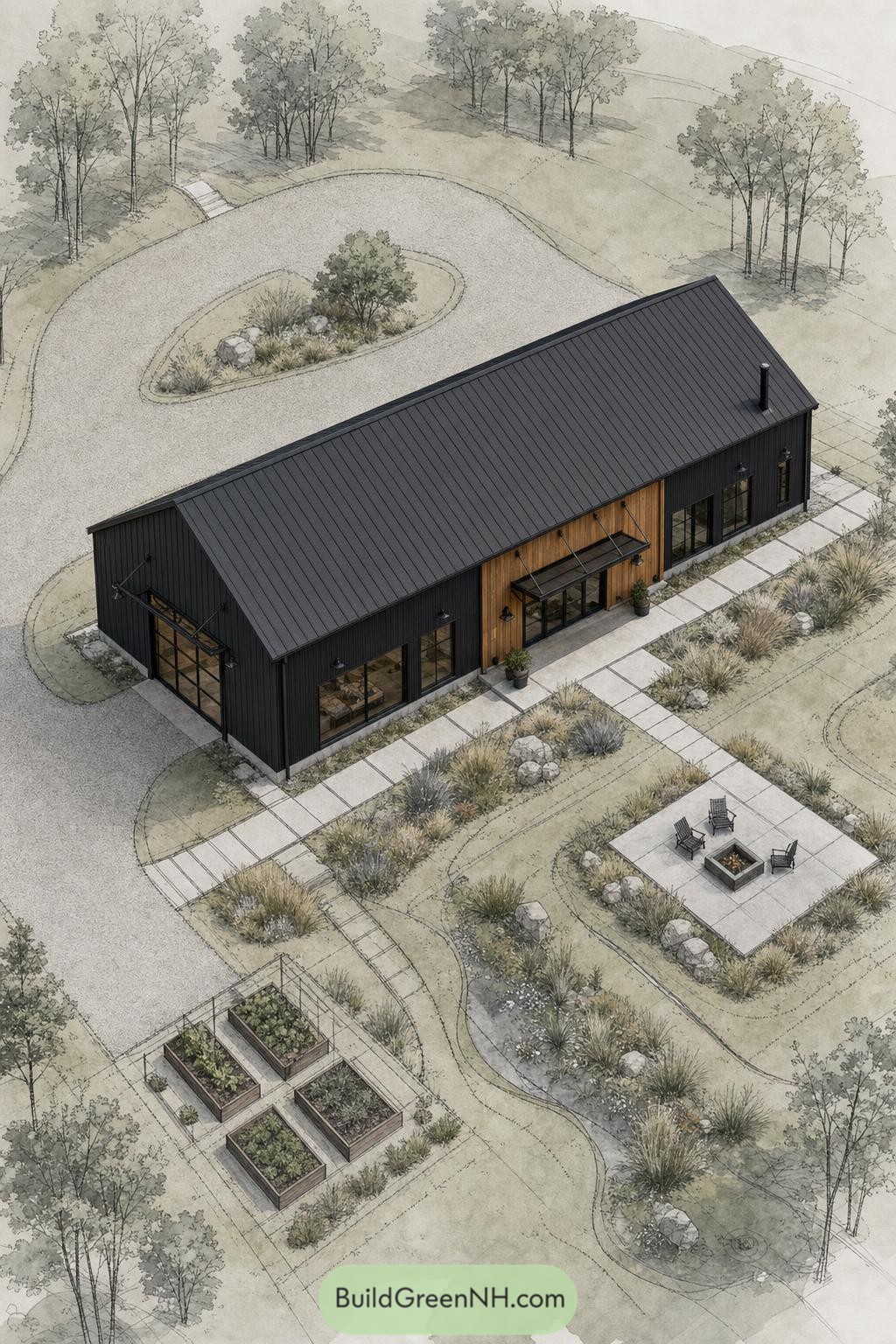Black metal barndominium with cedar entry, fire patio, gardens, and loop drive
