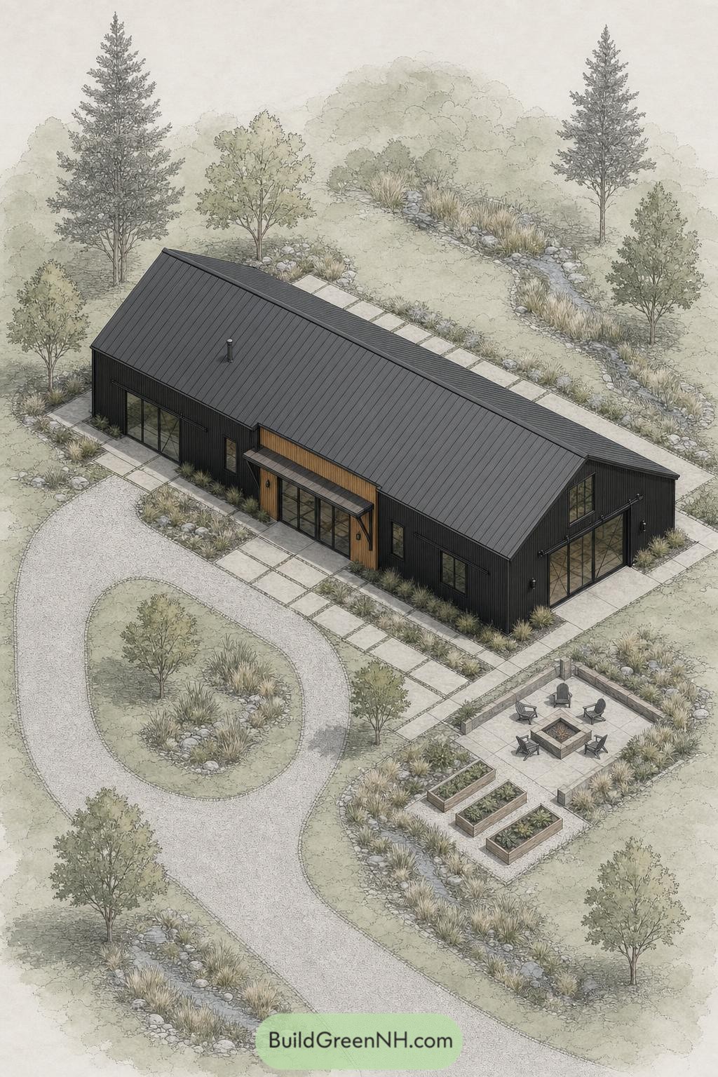 Black gabled barndominium with fire terrace and garden beds