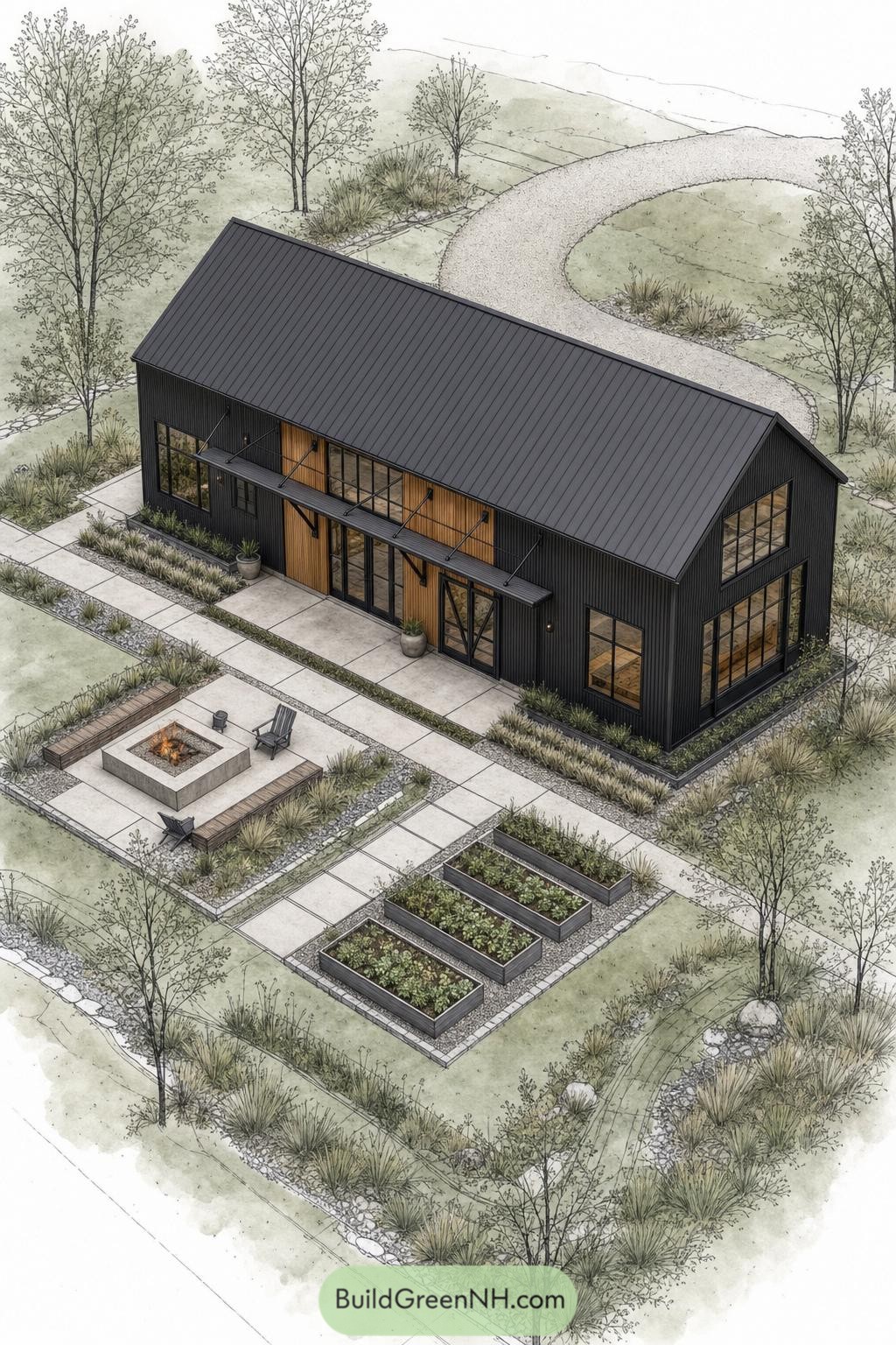 Dark metal barndominium with timber entry and garden beds