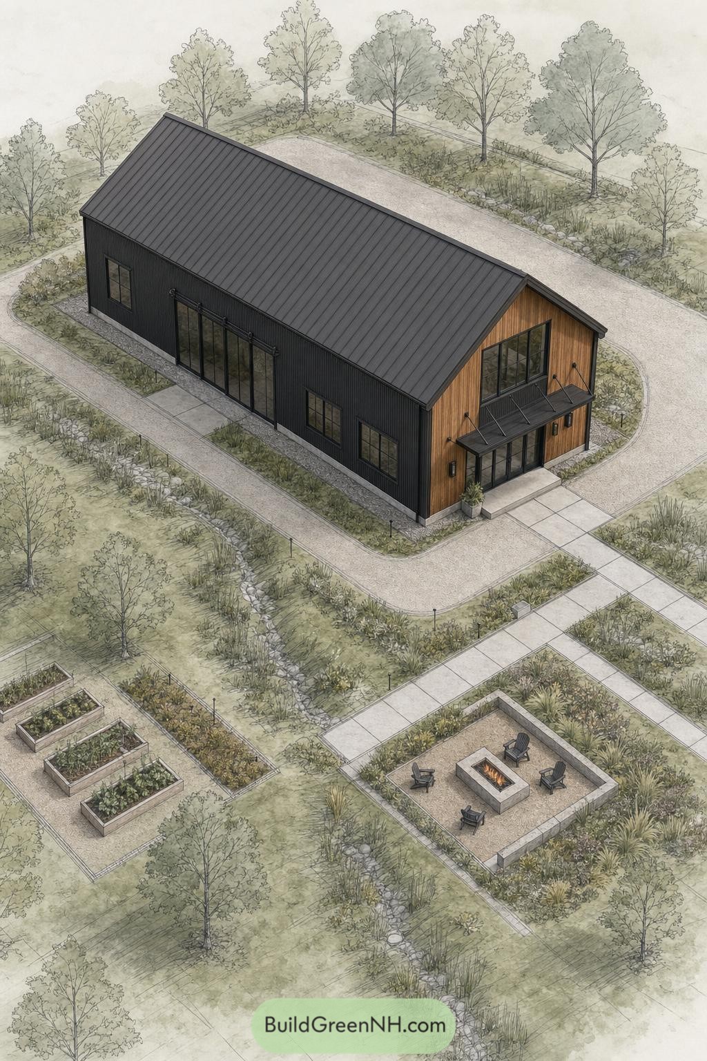 Black metal barndominium with cedar gable garden beds and fire patio