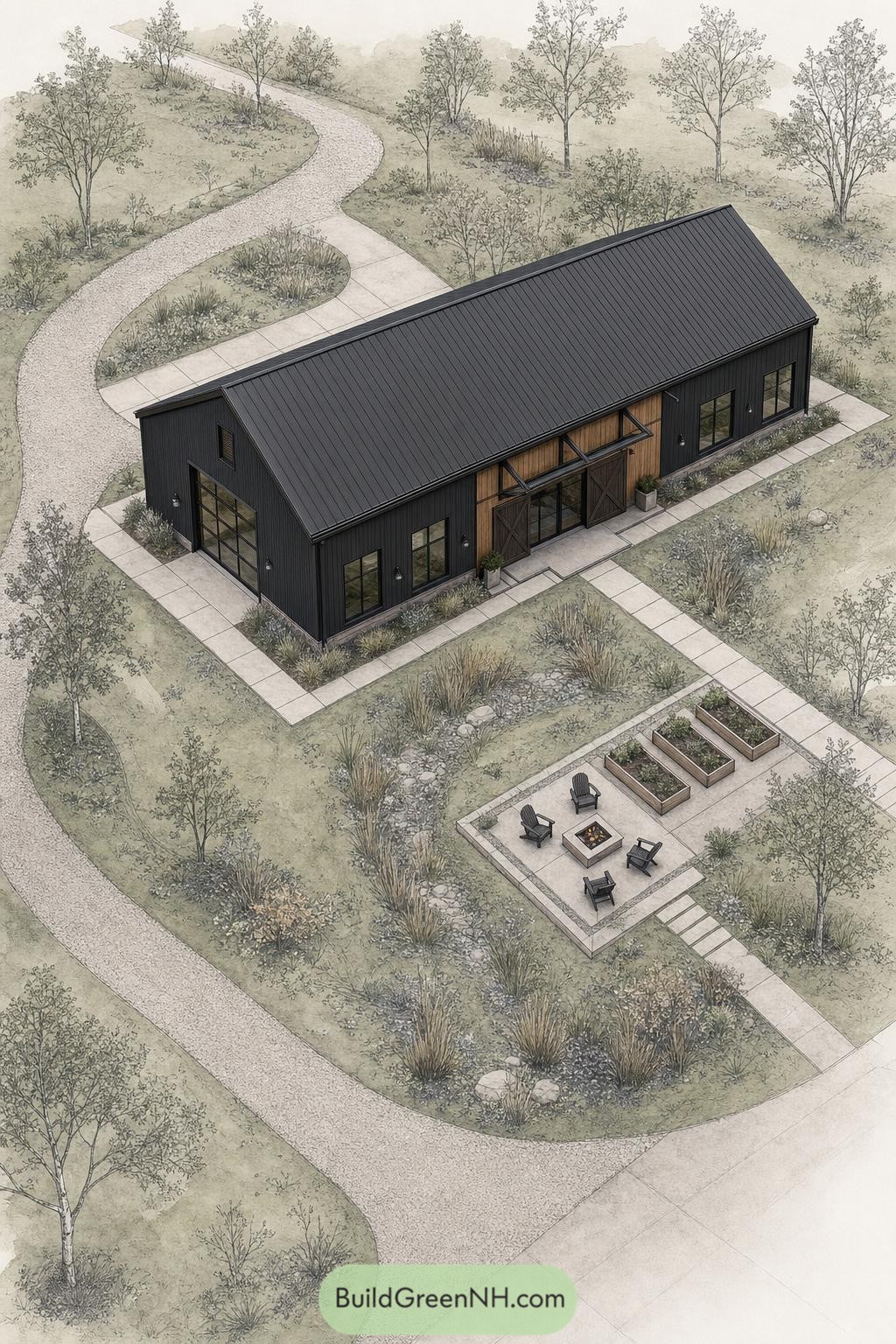Black Barndominium With Fire Patio And Planters