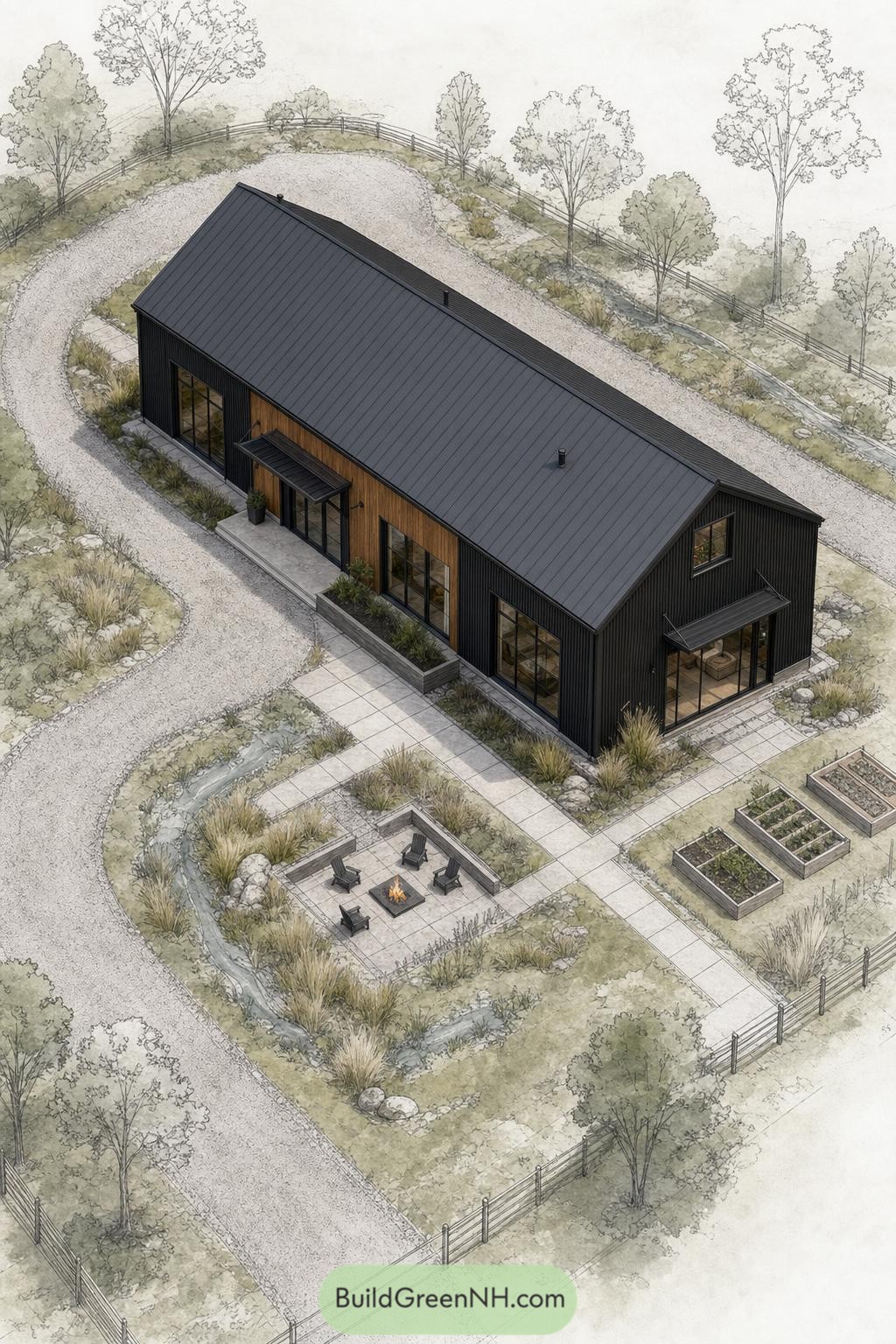 Black gabled barndominium with timber entry and fire pit patio