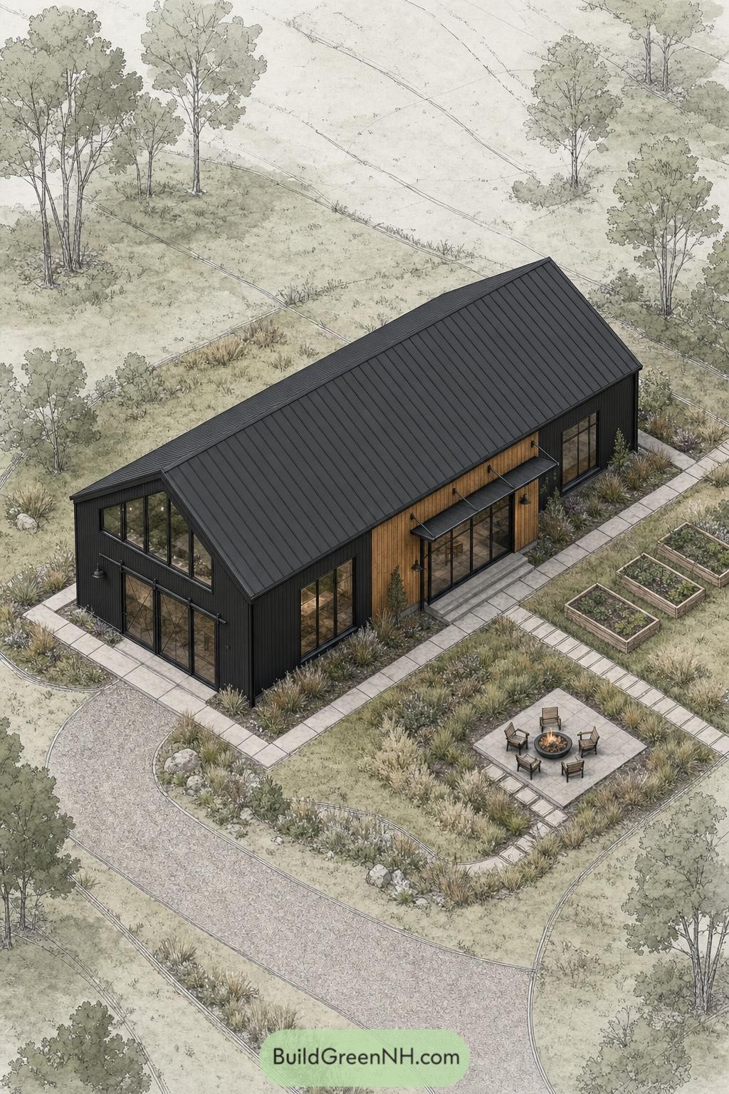 Black gabled barndominium with cedar accents and fire pit patio