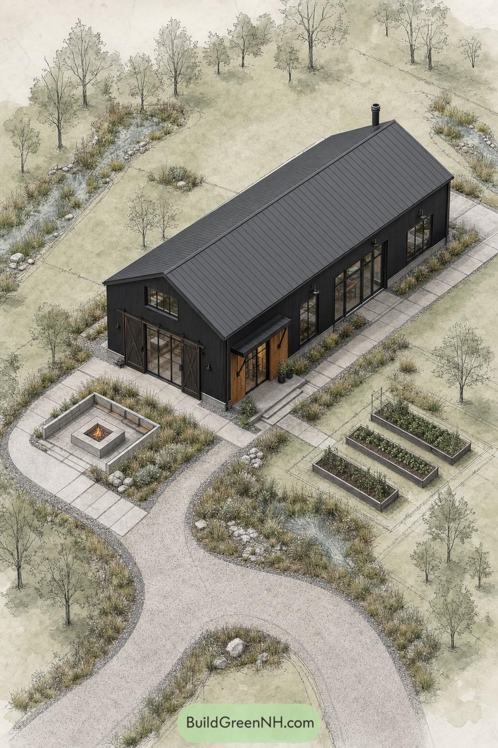 Black gabled barndominium with fire pit and raised gardens